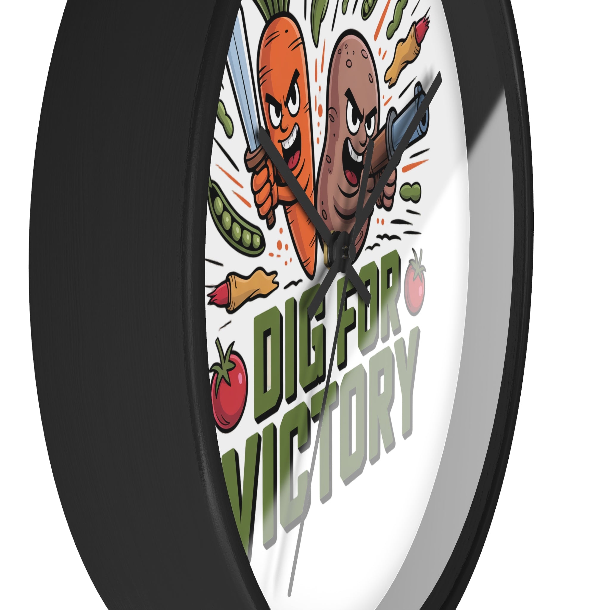Dig For Victory Wall Clock — Funny Veggie Garden Clock with Carrot & Potato Illustration