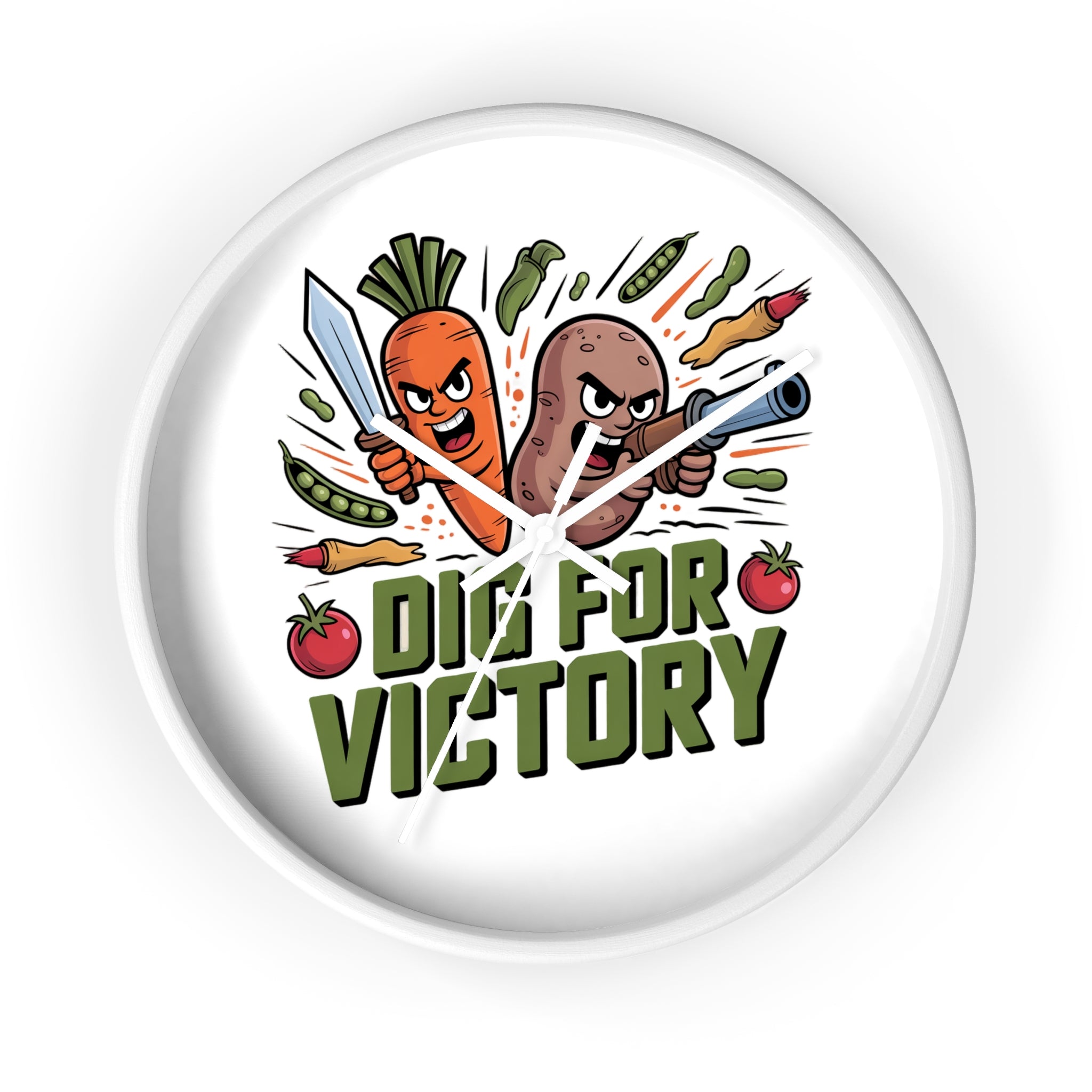 Dig For Victory Wall Clock — Funny Veggie Garden Clock with Carrot & Potato Illustration