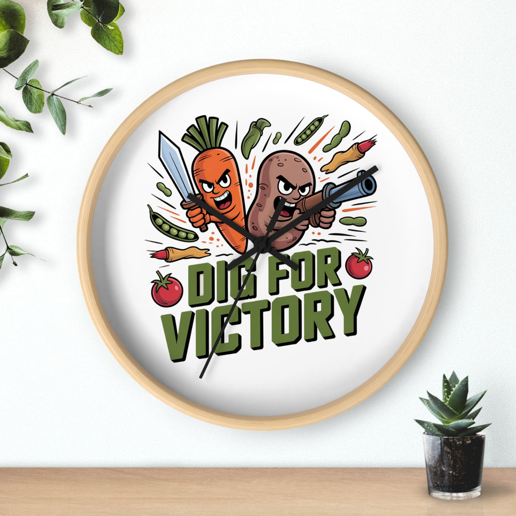 Dig For Victory Wall Clock — Funny Veggie Garden Clock with Carrot & Potato Illustration