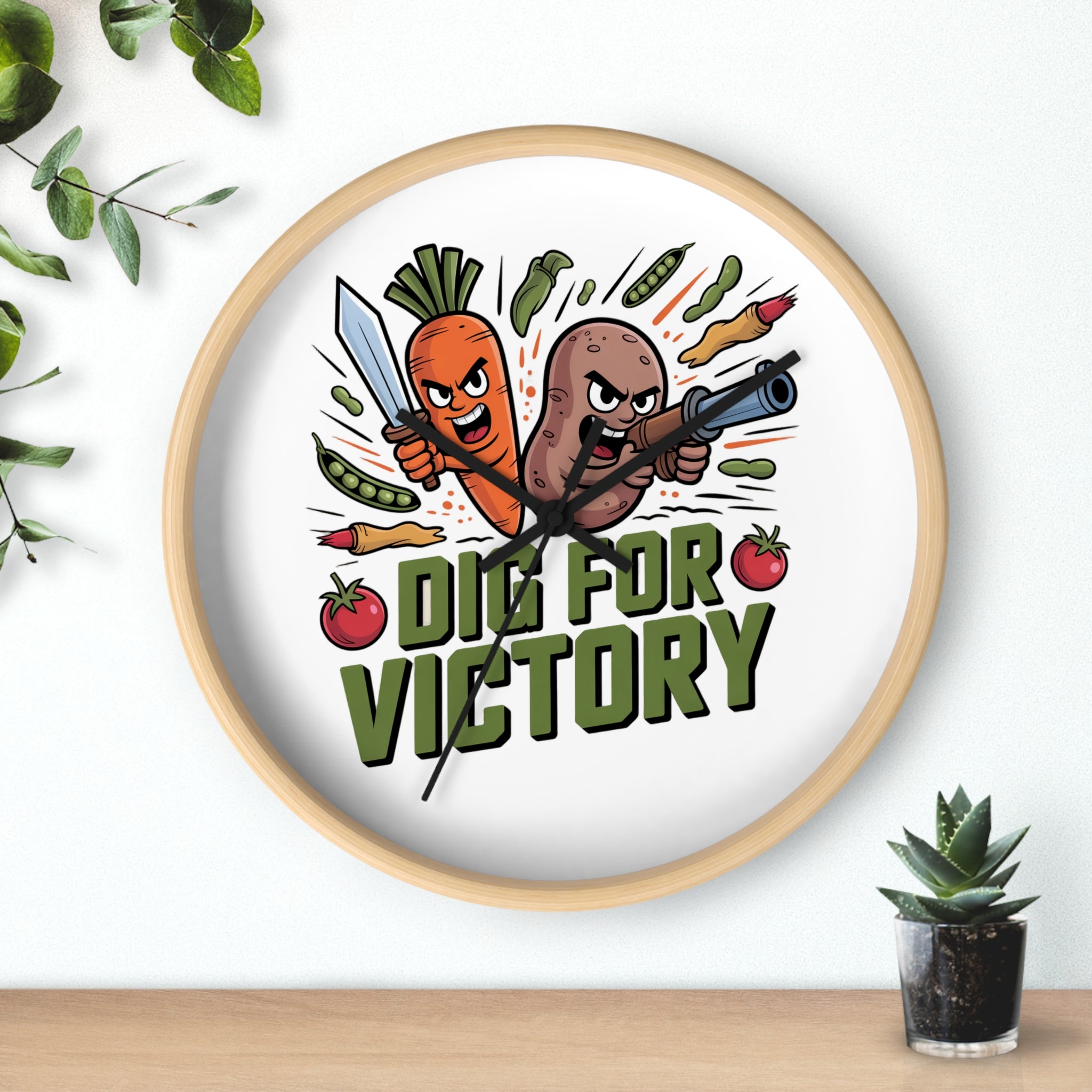 Dig For Victory Wall Clock — Funny Veggie Garden Clock with Carrot & Potato Illustration