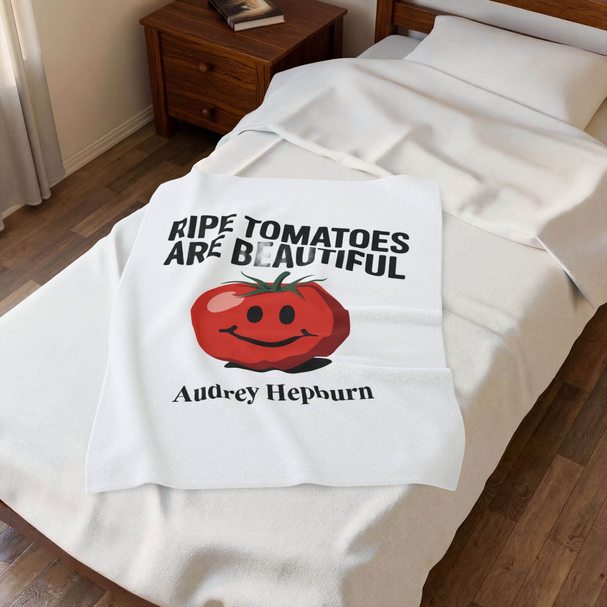 Velveteen Plush Blanket - "Ripe Tomatoes Are Beautiful" Audrey Hepburn Quote with Smiling Tomato — Cozy Kitchen Throw Gift