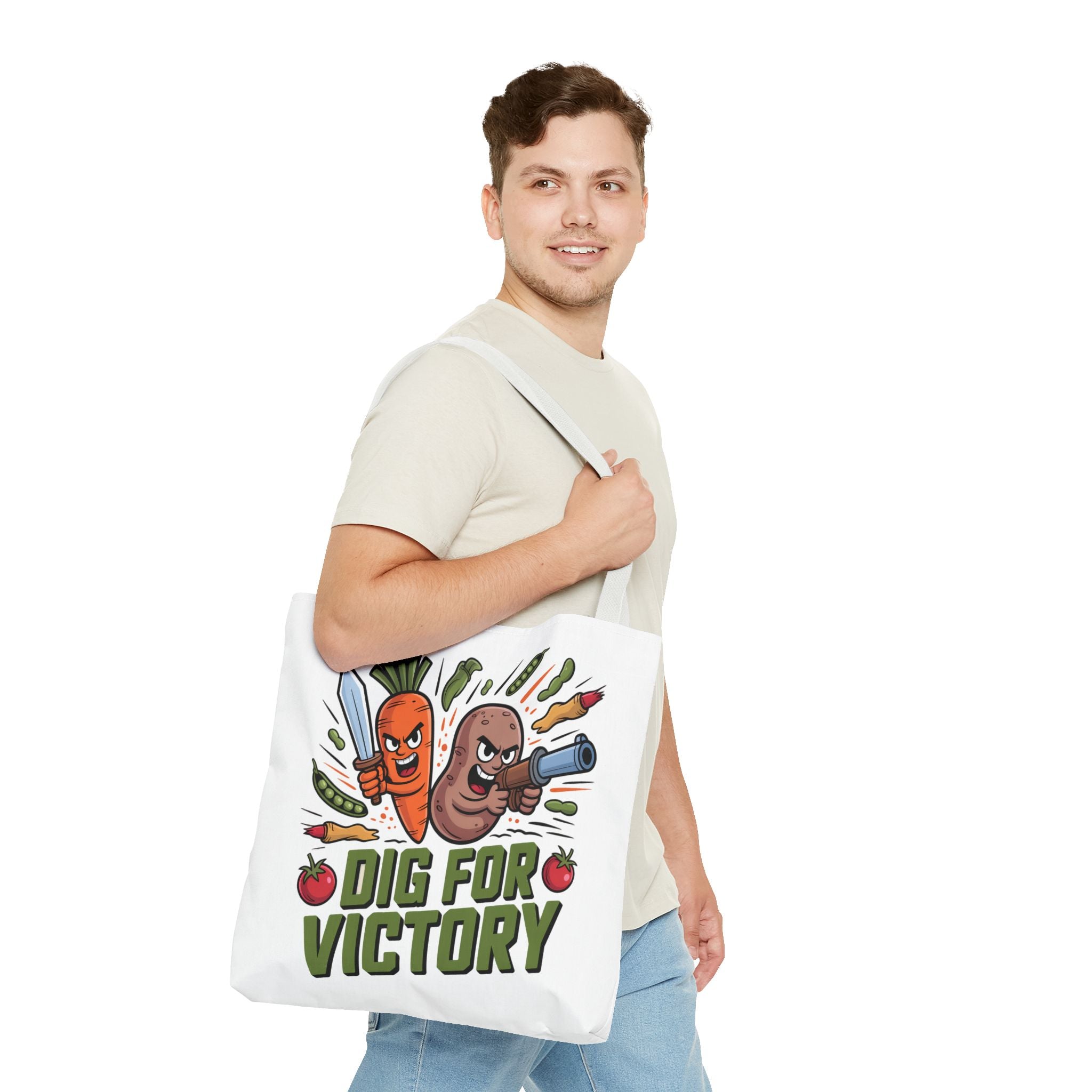Tote Bag — "Dig for Victory" Garden Veggie Tote (Cute Carrot & Potato Illustration)