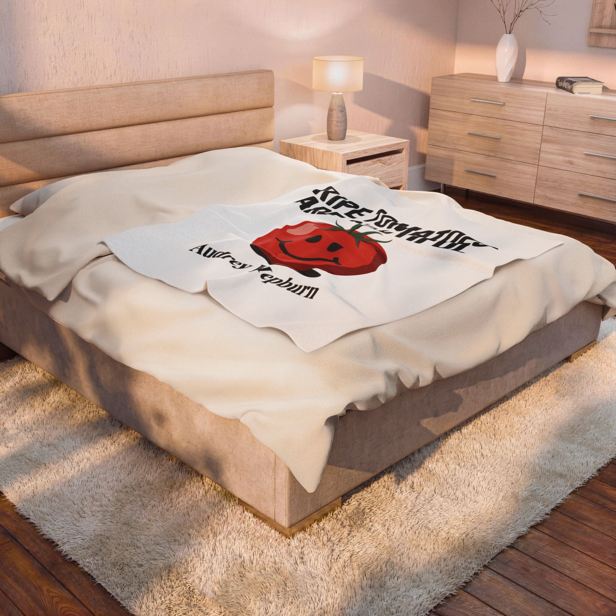 Velveteen Plush Blanket - "Ripe Tomatoes Are Beautiful" Audrey Hepburn Quote with Smiling Tomato — Cozy Kitchen Throw Gift
