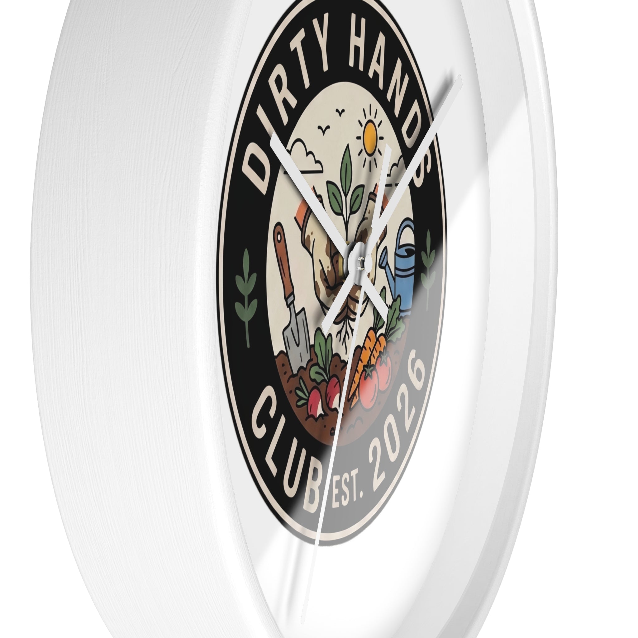 Dirty Hands Club Wall Clock — Gardening Decor, Established 2026