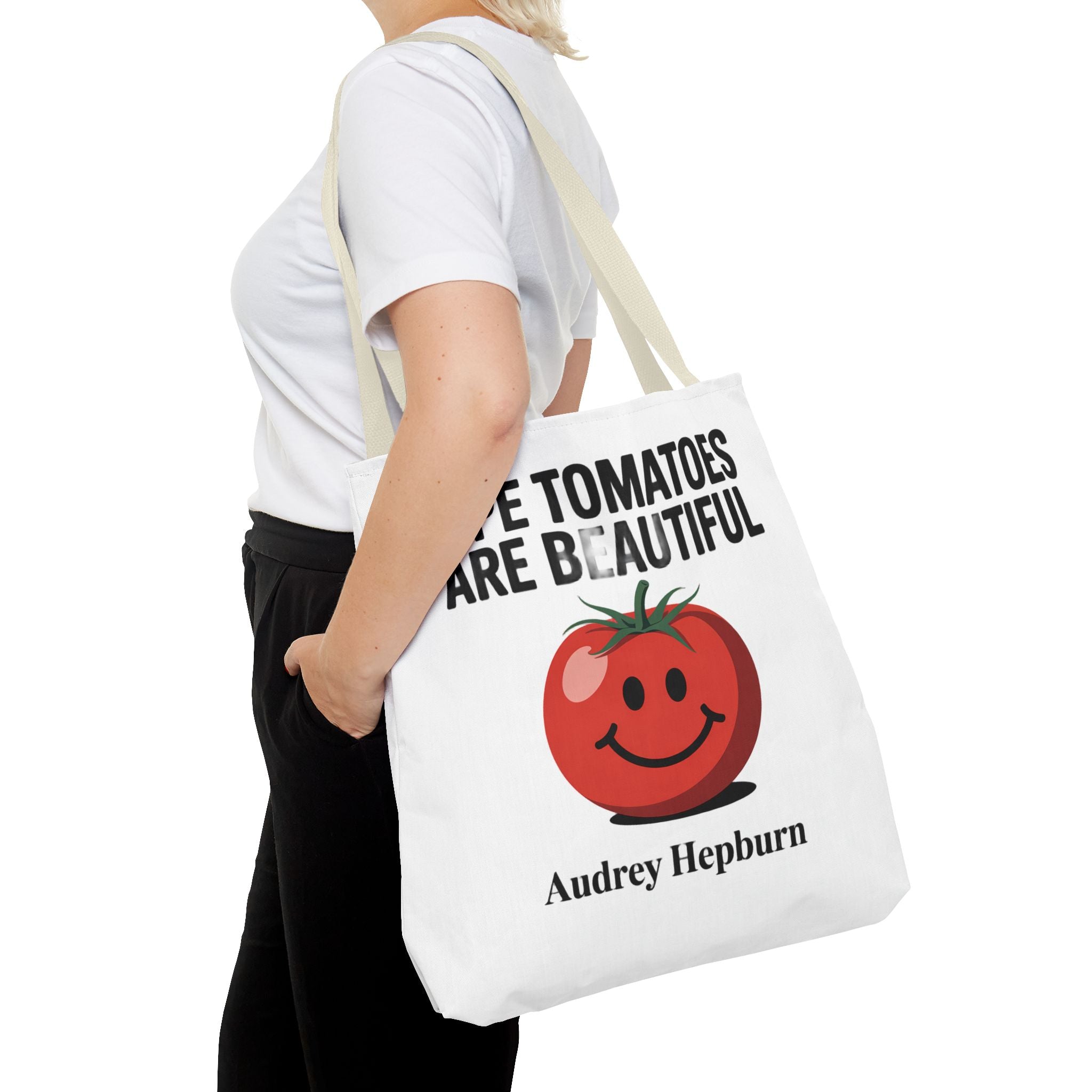 Tote Bag — "Ripe Tomatoes Are Beautiful" Audrey Hepburn Quote with Smiling Tomato Graphic