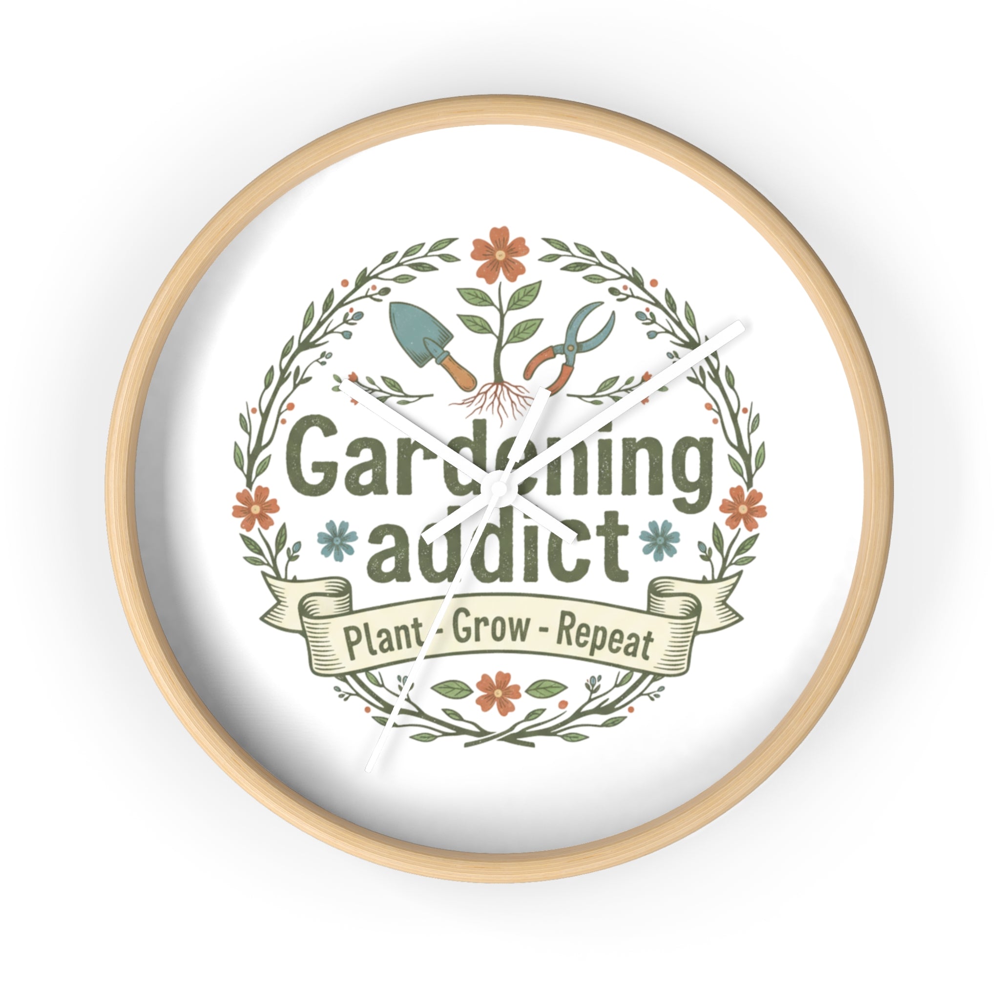Gardening Addict Wall Clock — Plant • Grow • Repeat Decorative Garden Clock