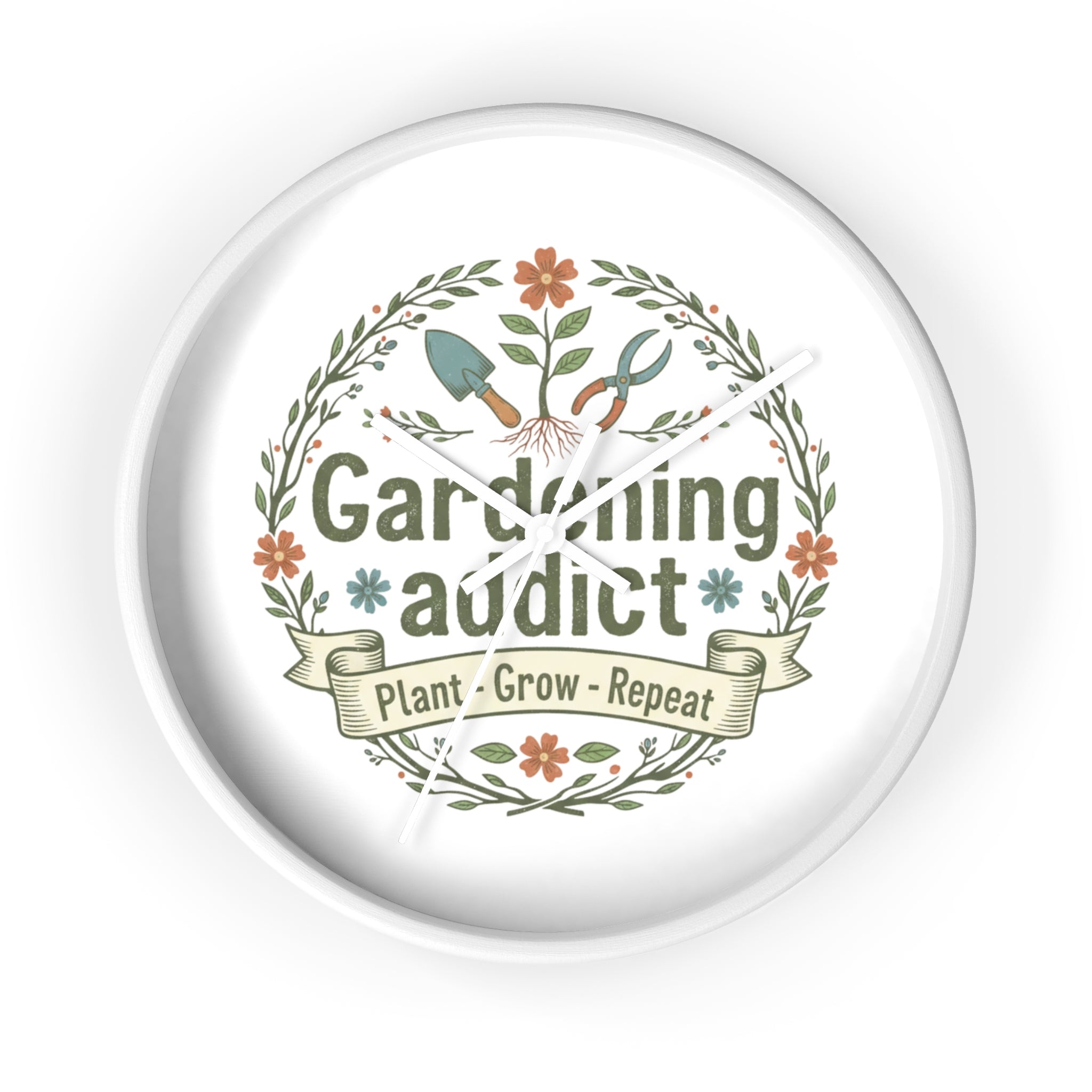 Gardening Addict Wall Clock — Plant • Grow • Repeat Decorative Garden Clock