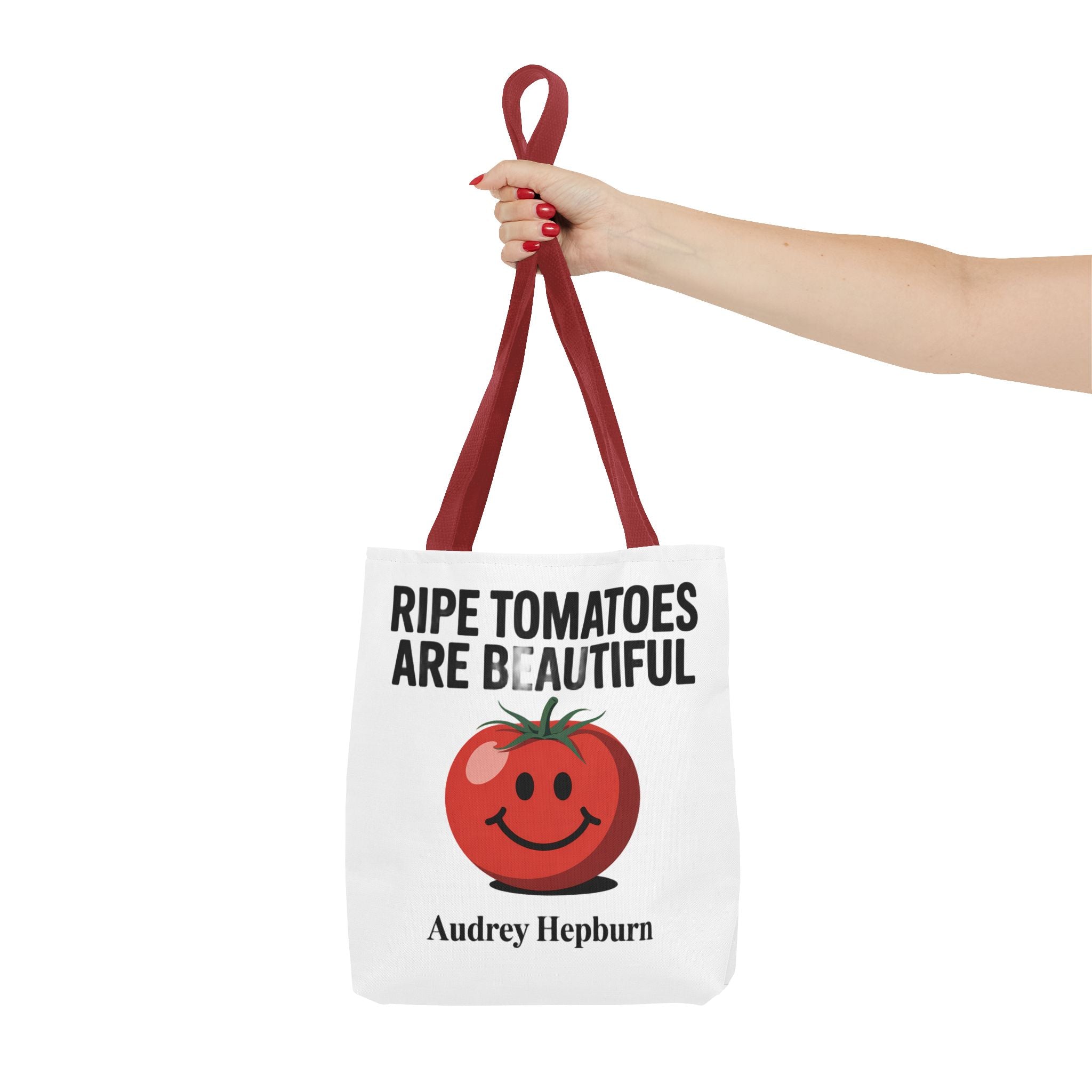 Tote Bag — "Ripe Tomatoes Are Beautiful" Audrey Hepburn Quote with Smiling Tomato Graphic