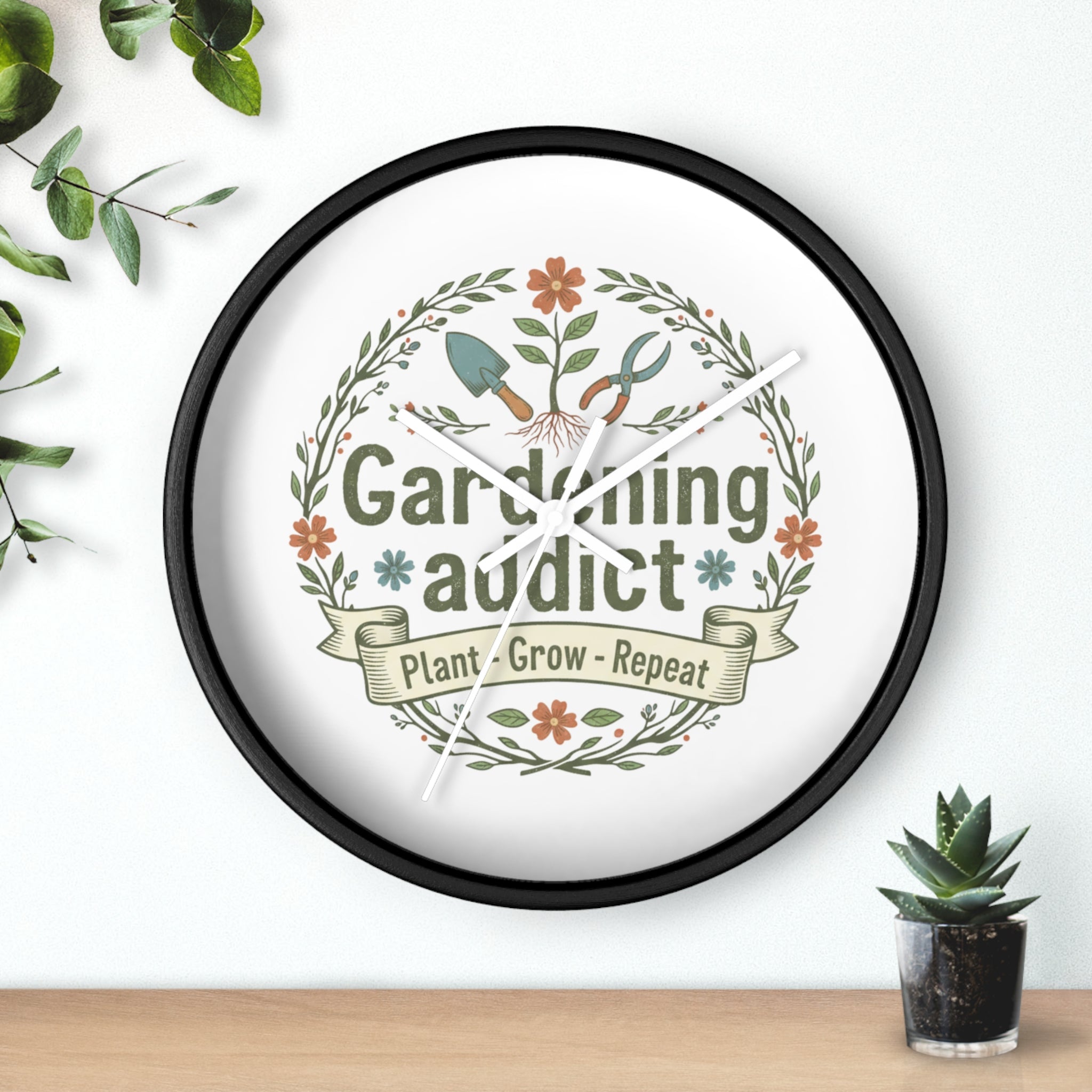 Gardening Addict Wall Clock — Plant • Grow • Repeat Decorative Garden Clock