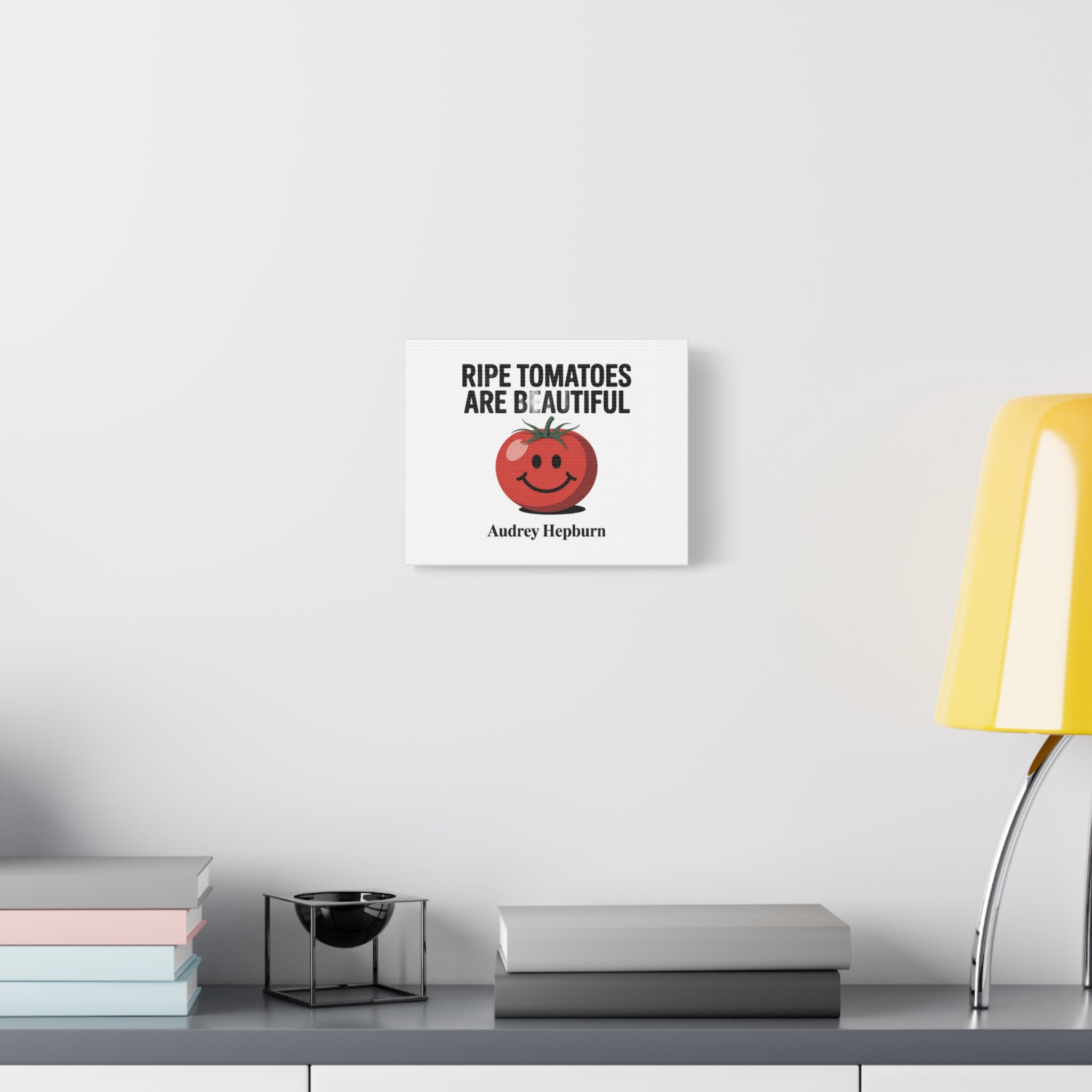 Ripe Tomatoes Are Beautiful Canvas Wall Art — Audrey Hepburn Quote with Smiling Tomato