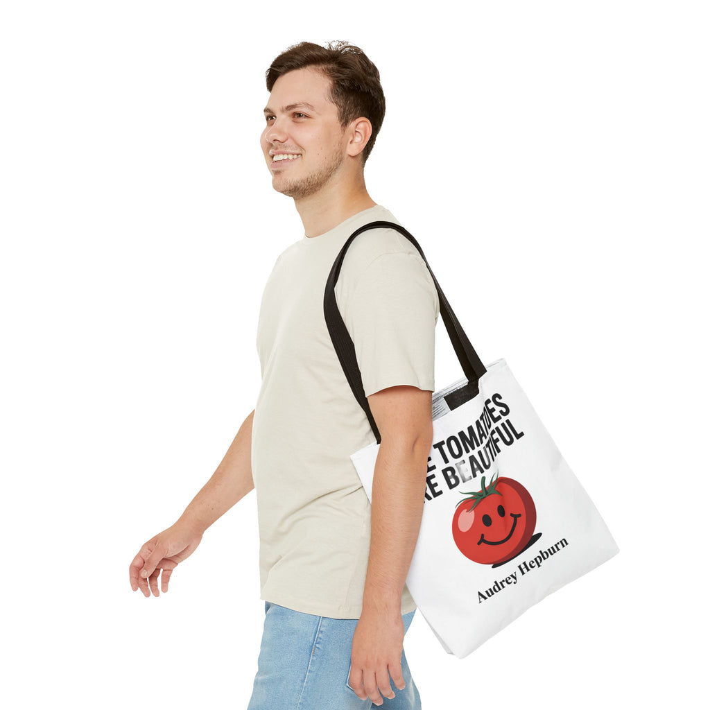 Tote Bag — "Ripe Tomatoes Are Beautiful" Audrey Hepburn Quote with Smiling Tomato Graphic