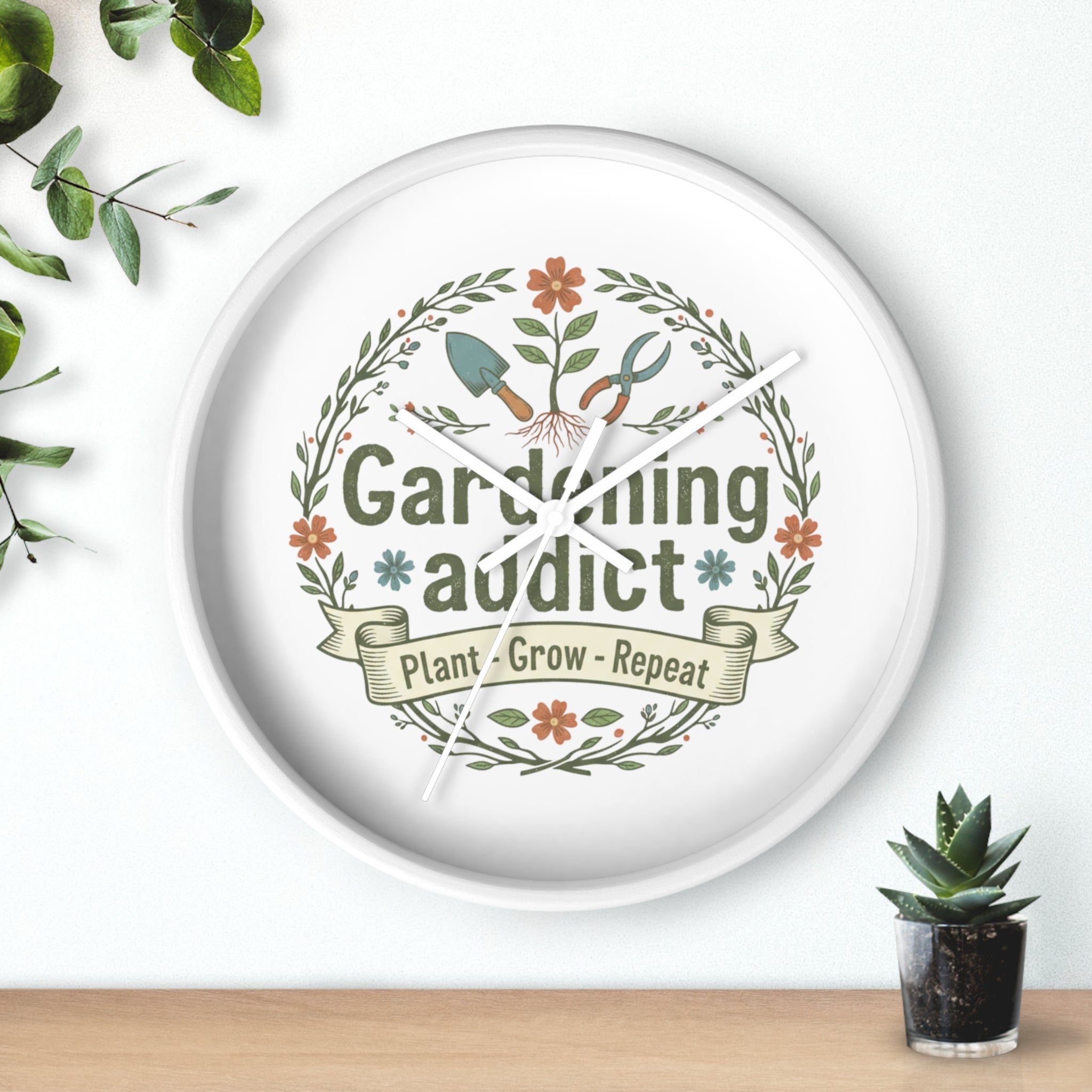 Gardening Addict Wall Clock — Plant • Grow • Repeat Decorative Garden Clock