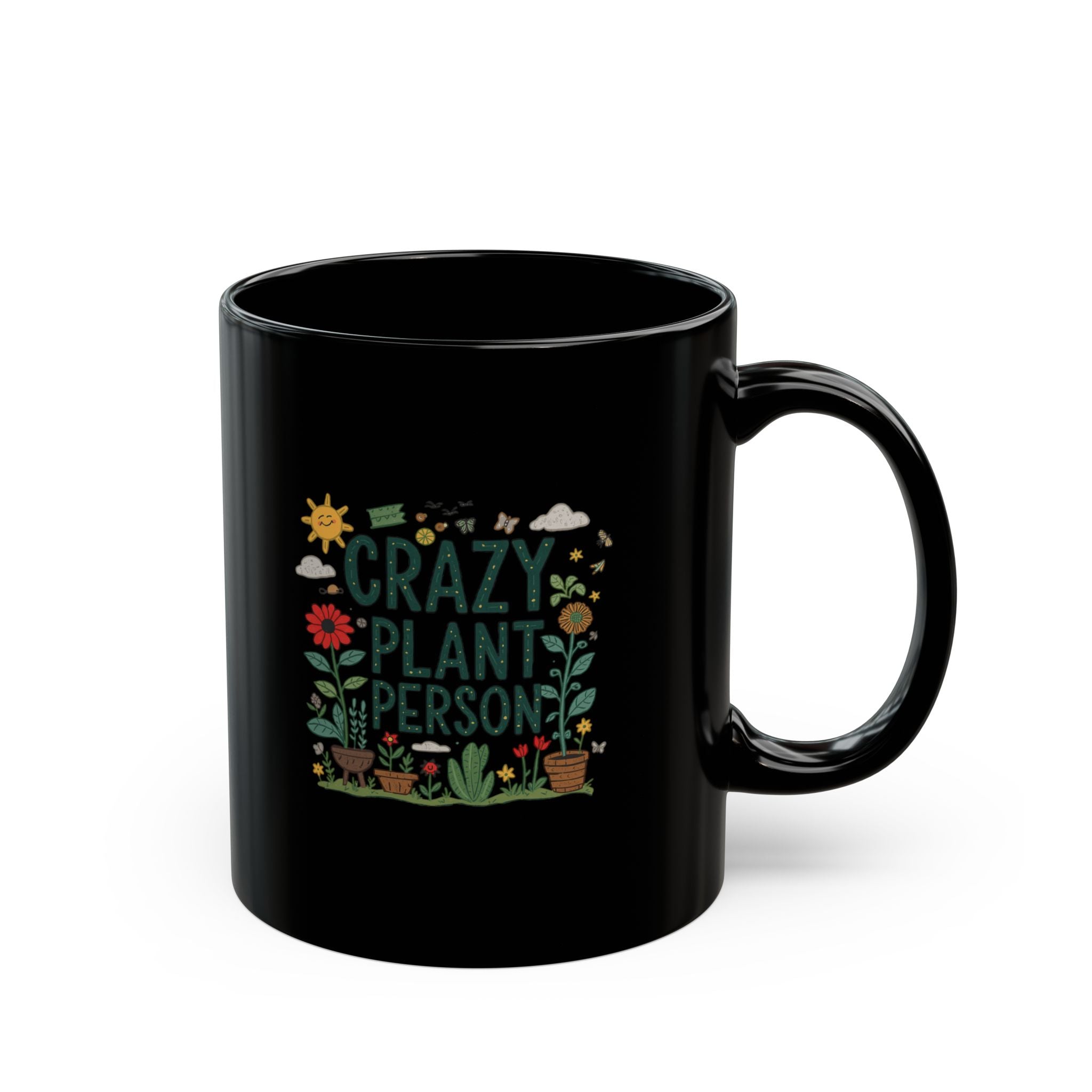 Crazy Plant Person Mug — Black Ceramic Plant Lover Coffee Cup (11oz, 15oz)