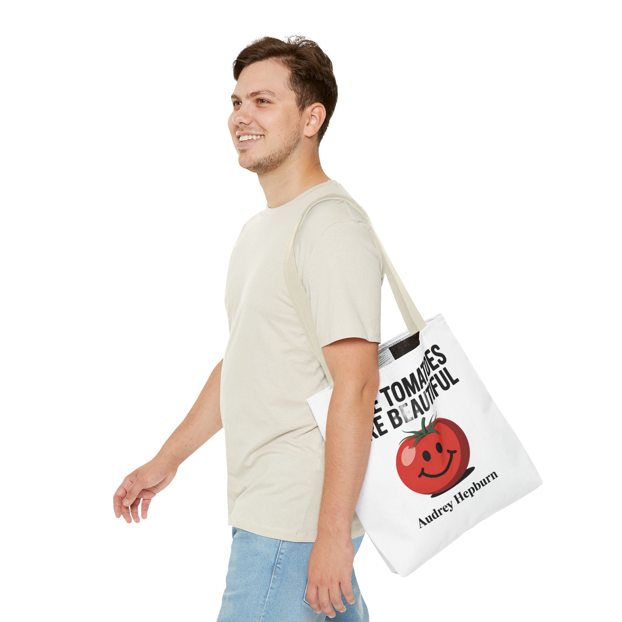 Tote Bag — "Ripe Tomatoes Are Beautiful" Audrey Hepburn Quote with Smiling Tomato Graphic