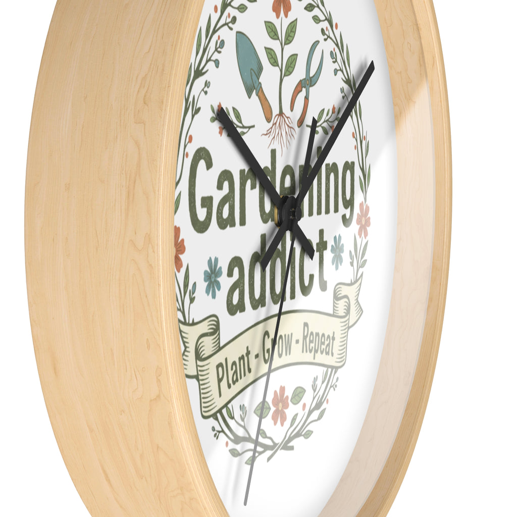 Gardening Addict Wall Clock — Plant • Grow • Repeat Decorative Garden Clock