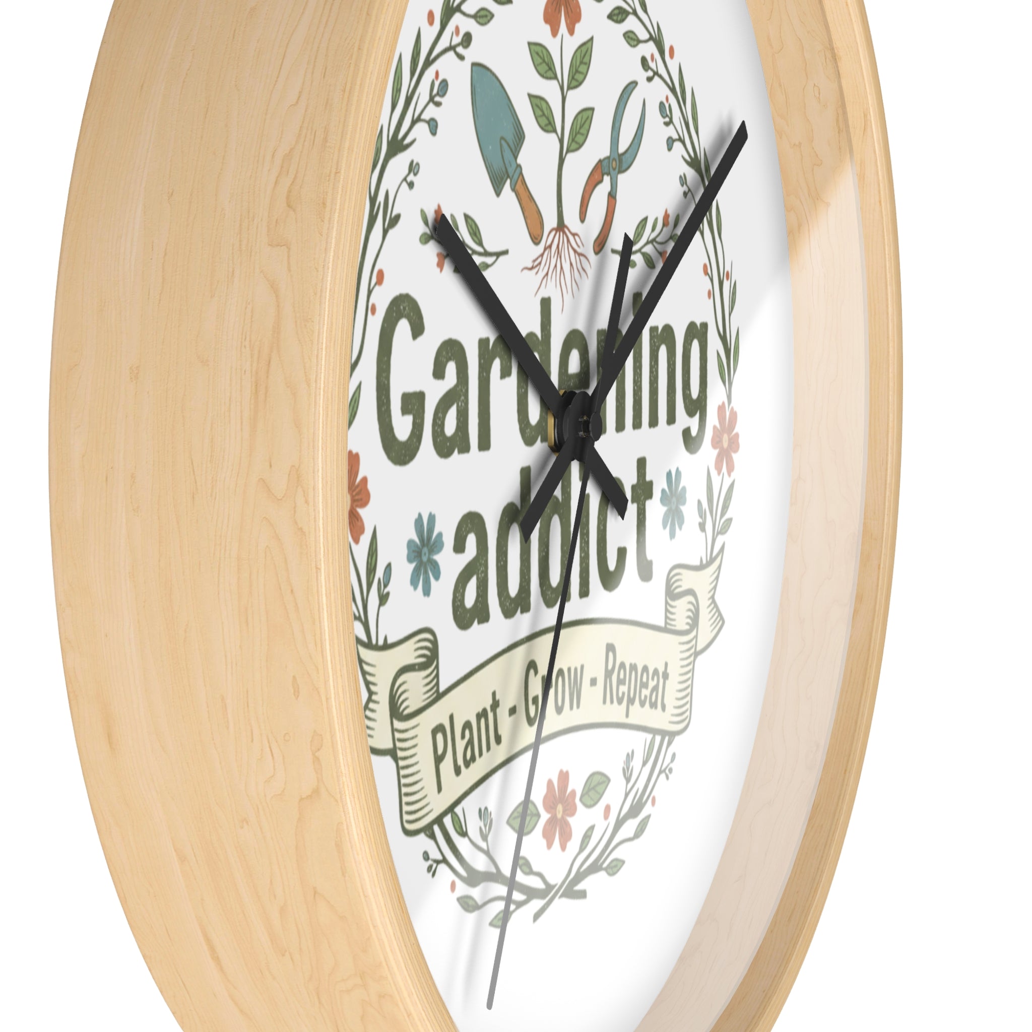 Gardening Addict Wall Clock — Plant • Grow • Repeat Decorative Garden Clock