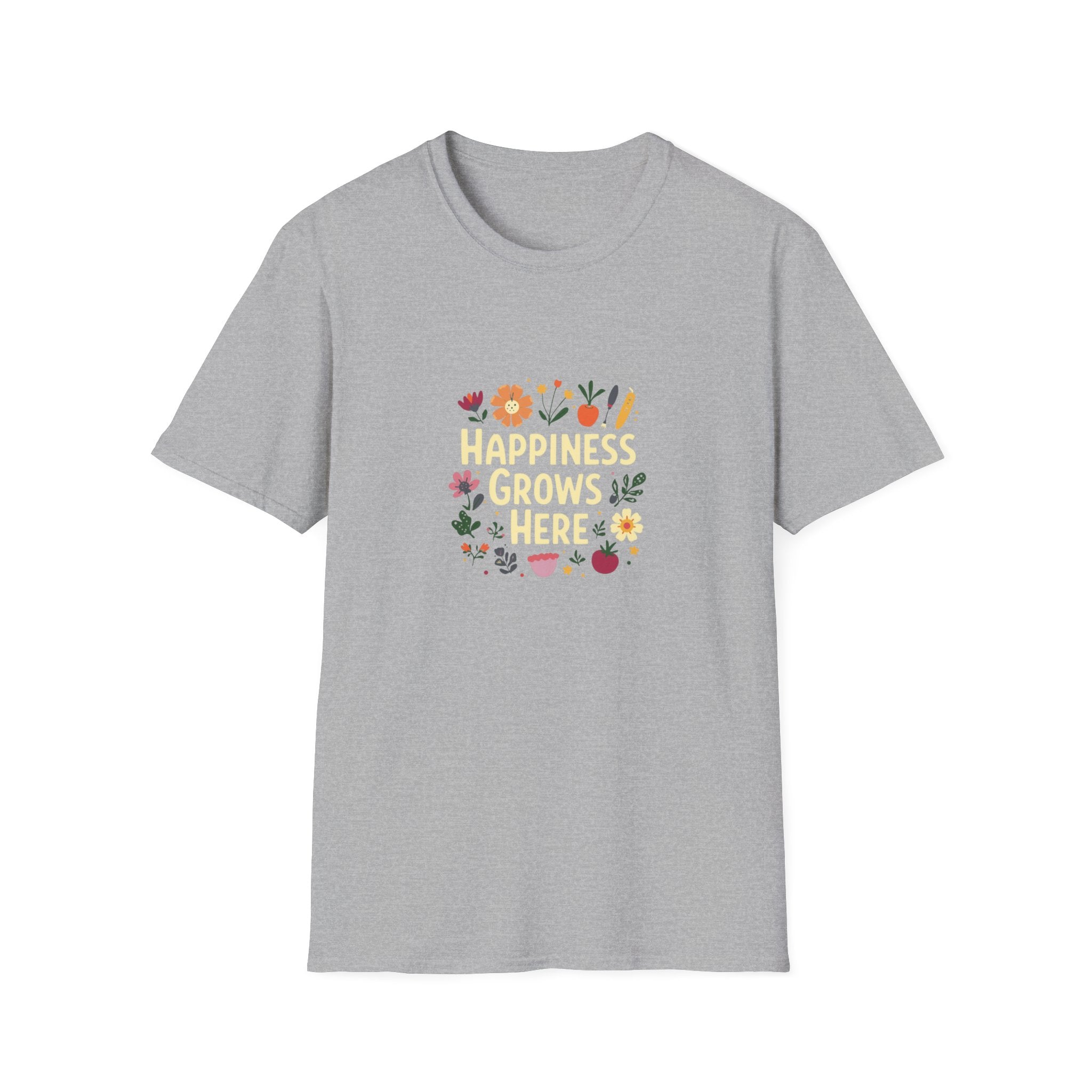 Happiness Grows Here T-Shirt — Floral Gardening Graphic Tee