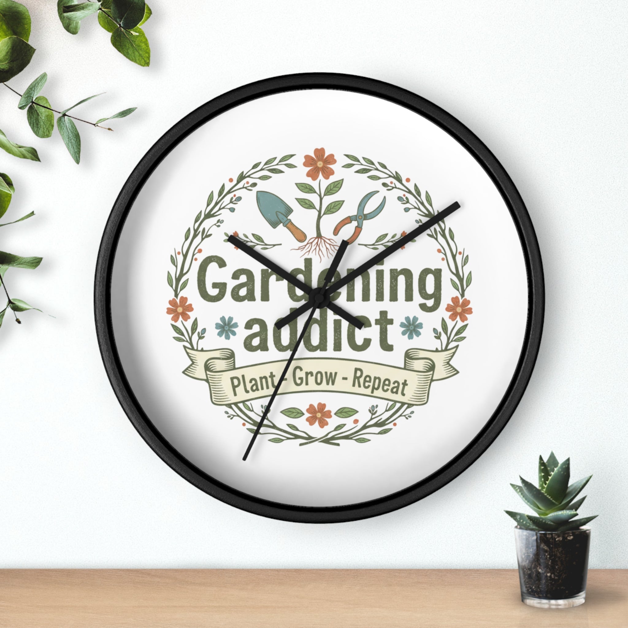 Gardening Addict Wall Clock — Plant • Grow • Repeat Decorative Garden Clock