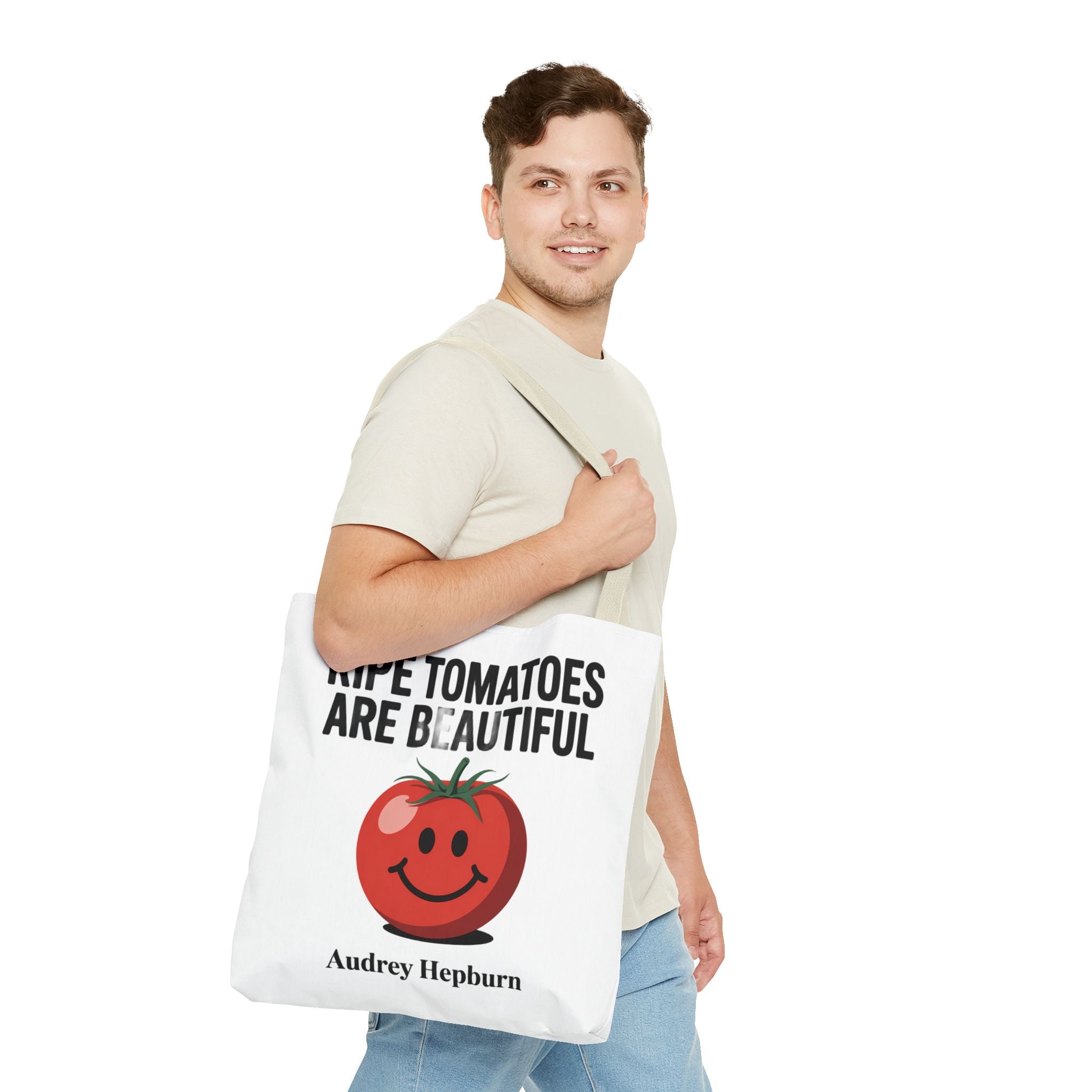 Tote Bag — "Ripe Tomatoes Are Beautiful" Audrey Hepburn Quote with Smiling Tomato Graphic
