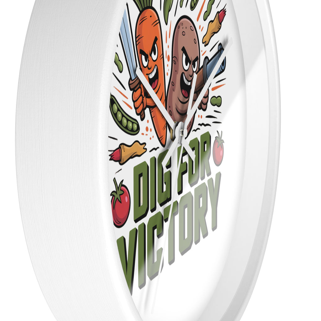 Dig For Victory Wall Clock — Funny Veggie Garden Clock with Carrot & Potato Illustration