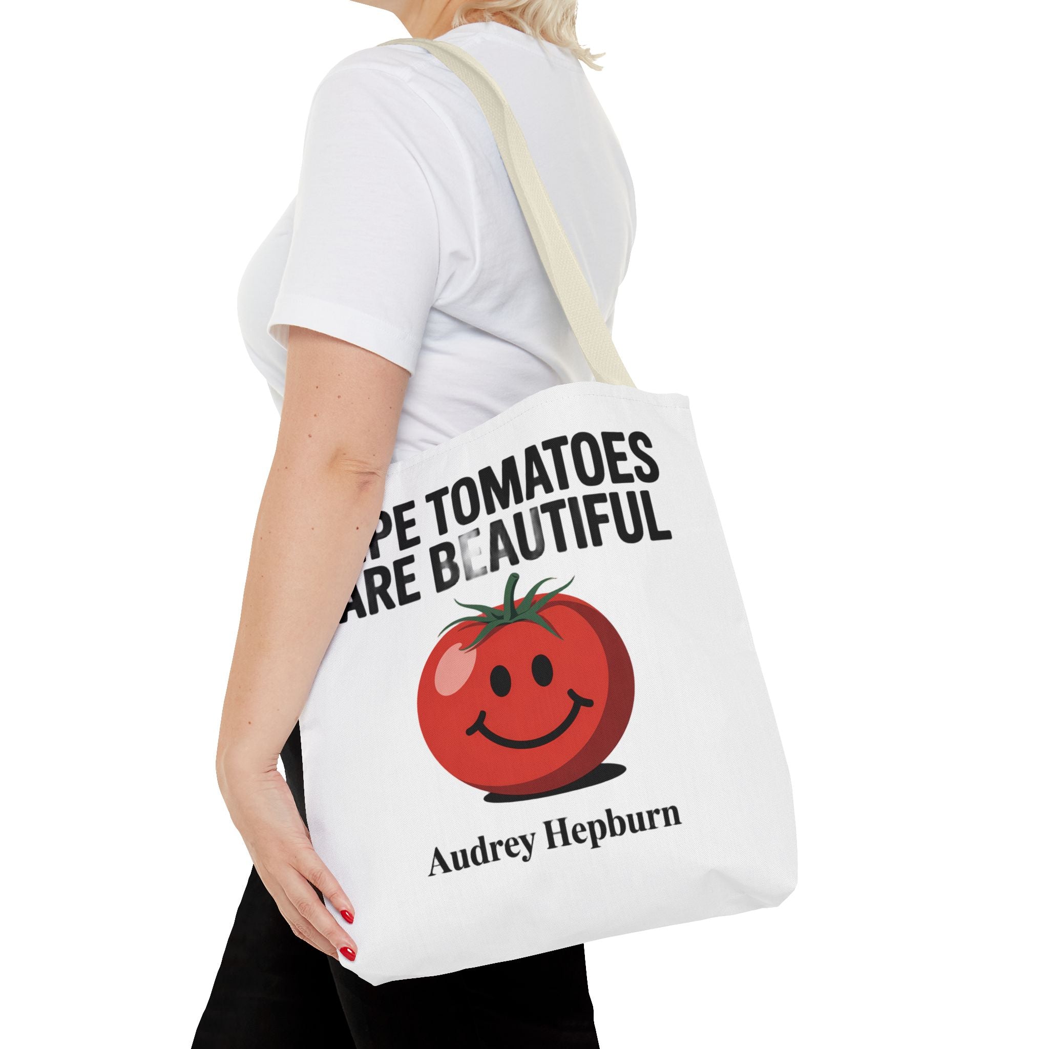 Tote Bag — "Ripe Tomatoes Are Beautiful" Audrey Hepburn Quote with Smiling Tomato Graphic