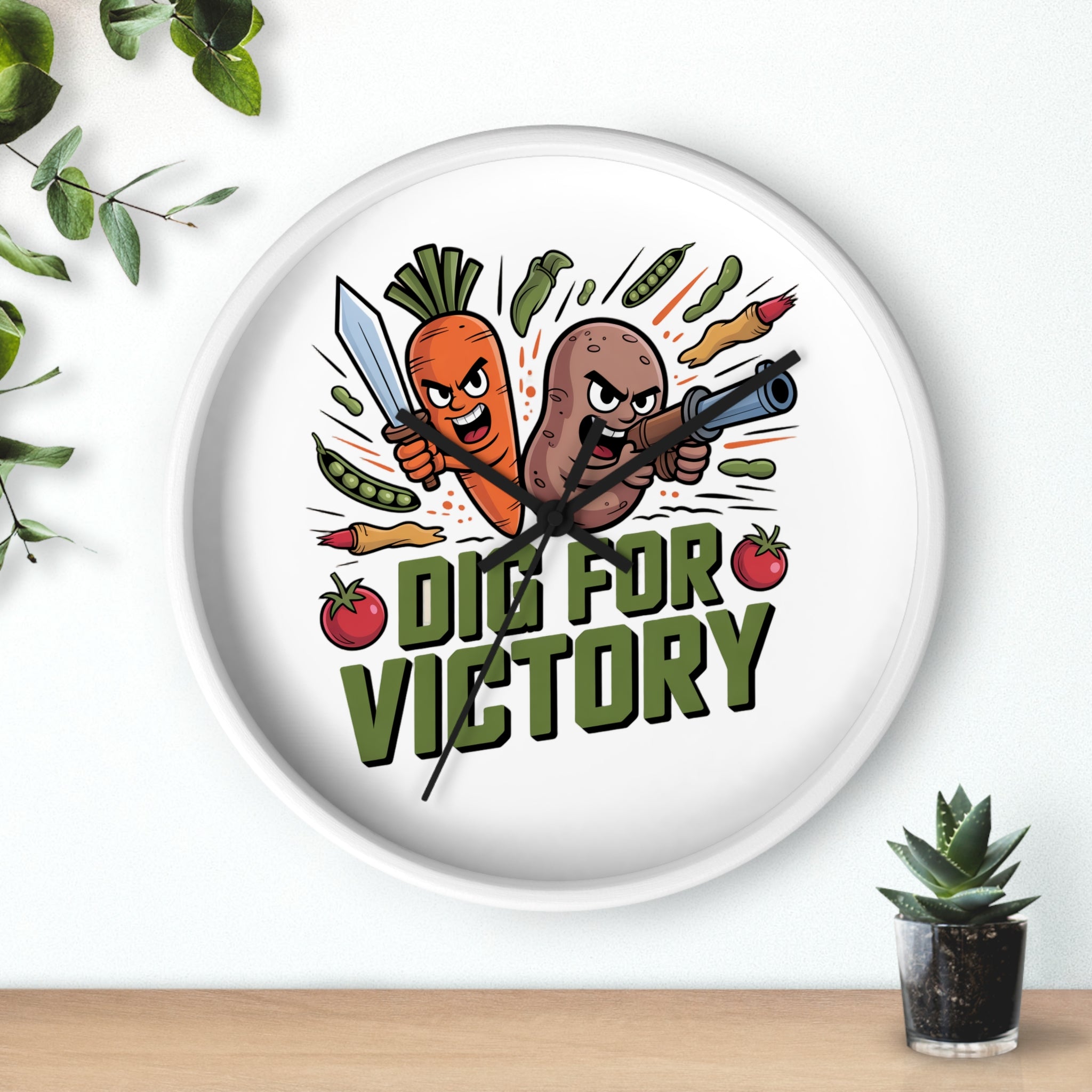Dig For Victory Wall Clock — Funny Veggie Garden Clock with Carrot & Potato Illustration