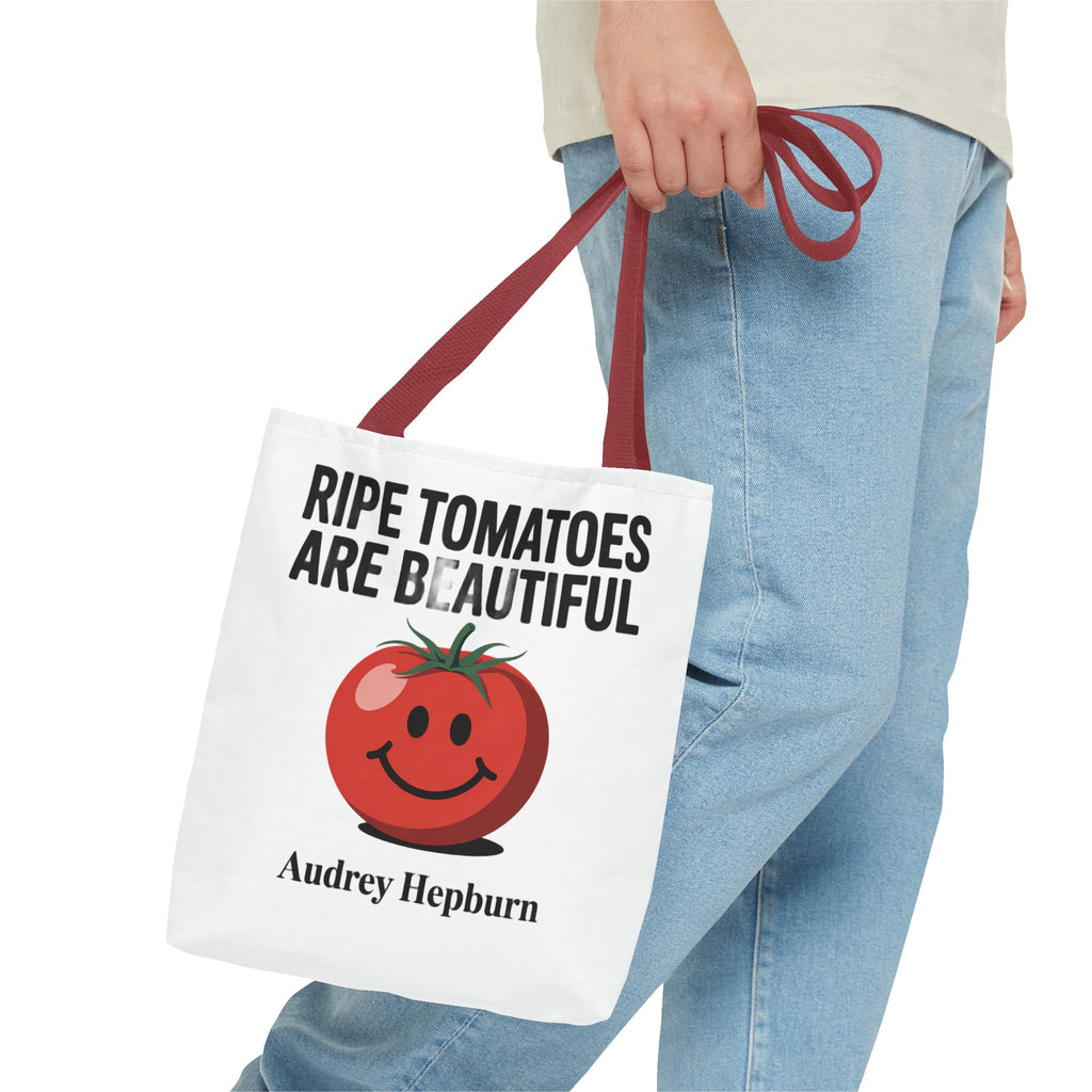 Tote Bag — "Ripe Tomatoes Are Beautiful" Audrey Hepburn Quote with Smiling Tomato Graphic