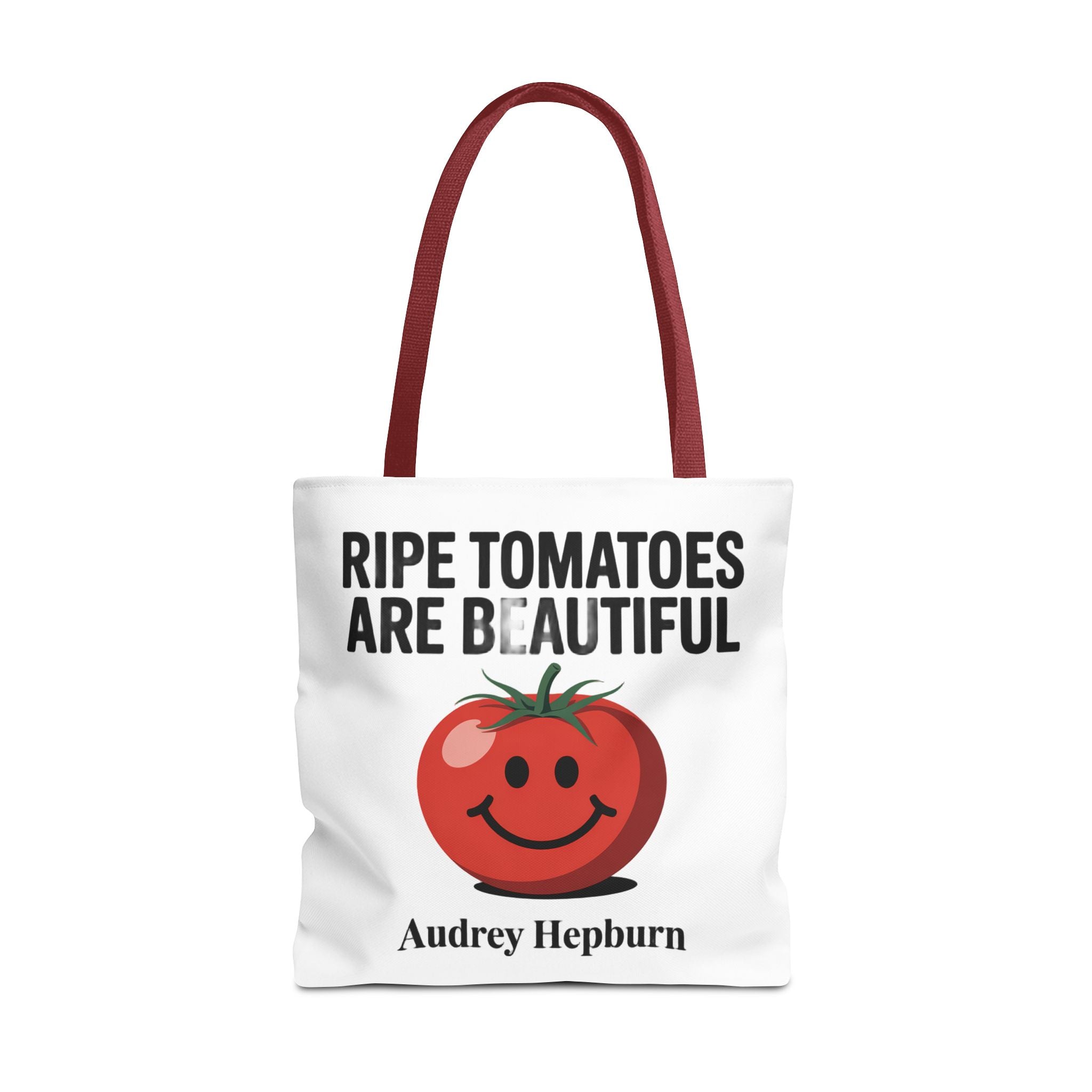 Tote Bag — "Ripe Tomatoes Are Beautiful" Audrey Hepburn Quote with Smiling Tomato Graphic