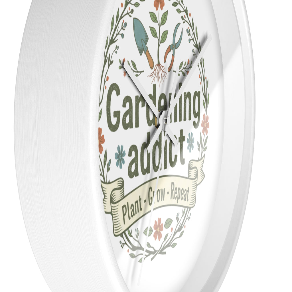 Gardening Addict Wall Clock — Plant • Grow • Repeat Decorative Garden Clock
