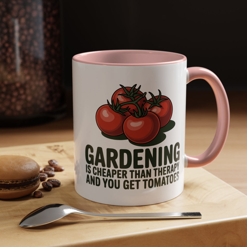 Gardening Coffee Mug – “Gardening Is Cheaper Than Therapy and You Get Tomatoes” Accent Mug