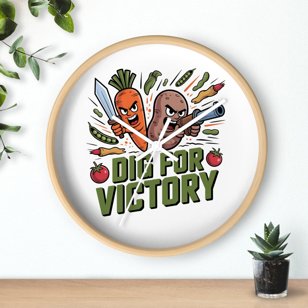 Dig For Victory Wall Clock — Funny Veggie Garden Clock with Carrot & Potato Illustration