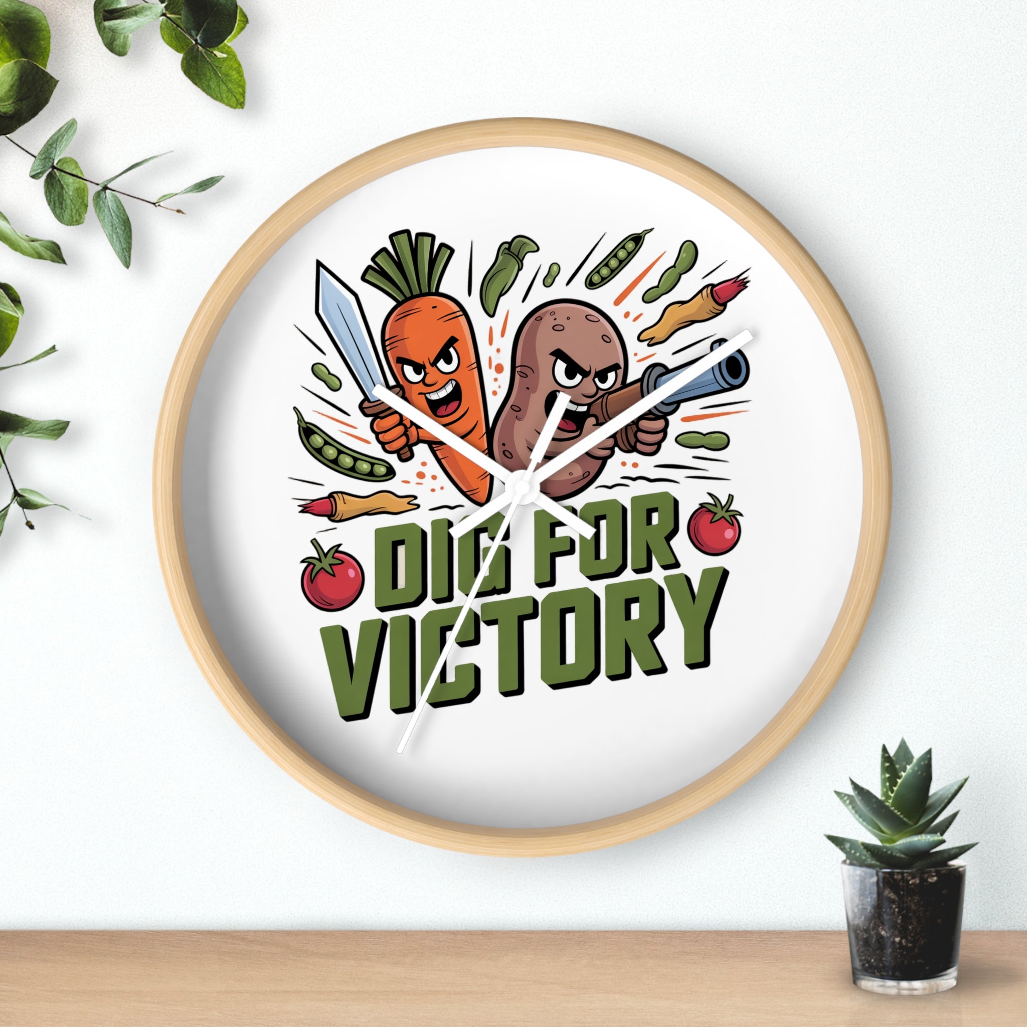 Dig For Victory Wall Clock — Funny Veggie Garden Clock with Carrot & Potato Illustration