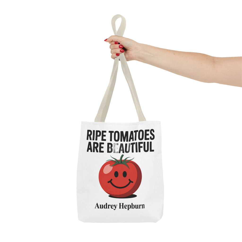 Tote Bag — "Ripe Tomatoes Are Beautiful" Audrey Hepburn Quote with Smiling Tomato Graphic