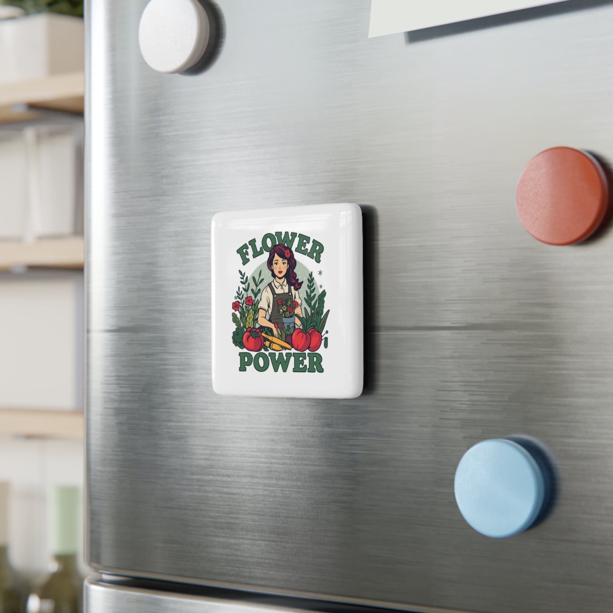 Flower Power Porcelain Magnet — Floral Gardener Square Magnet