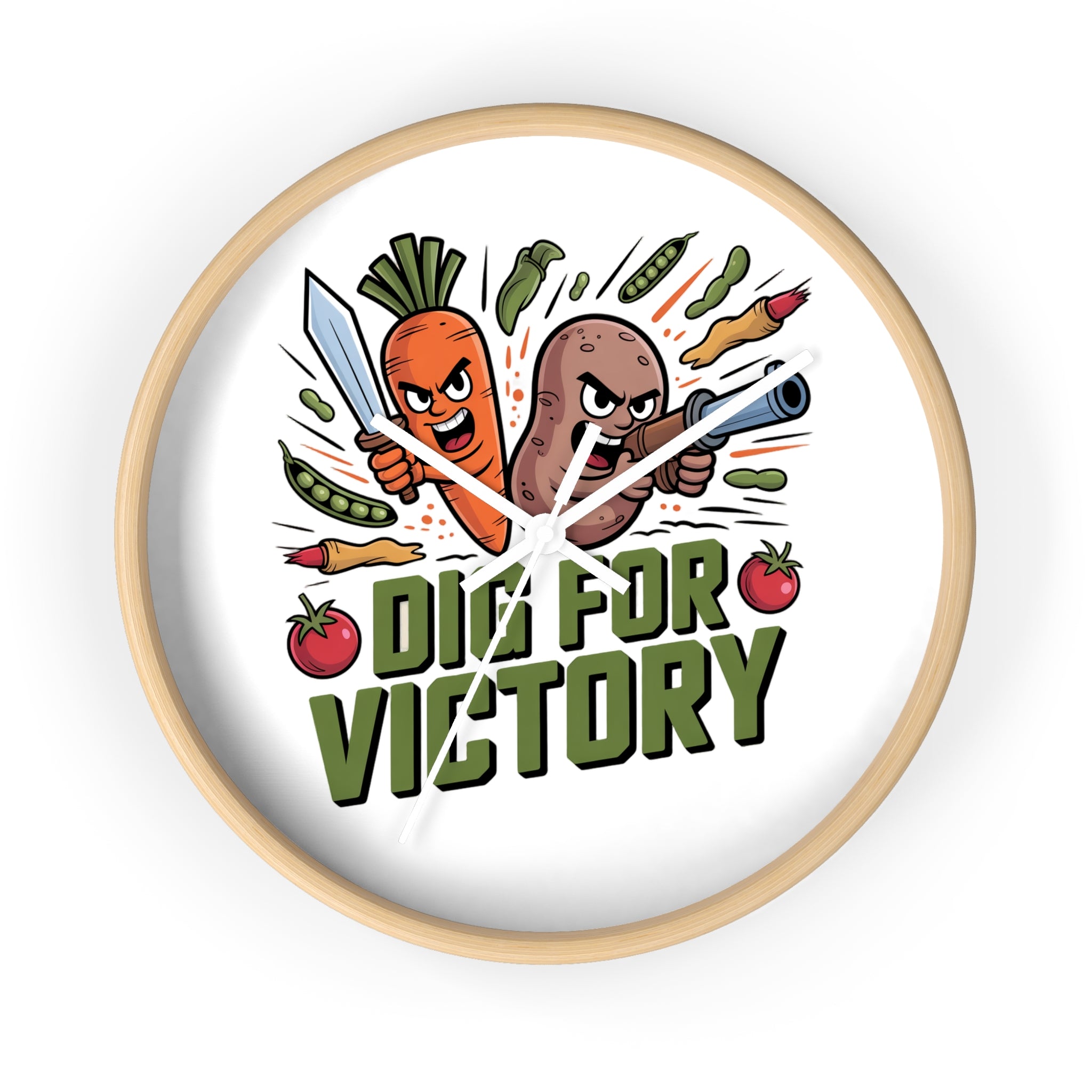 Dig For Victory Wall Clock — Funny Veggie Garden Clock with Carrot & Potato Illustration