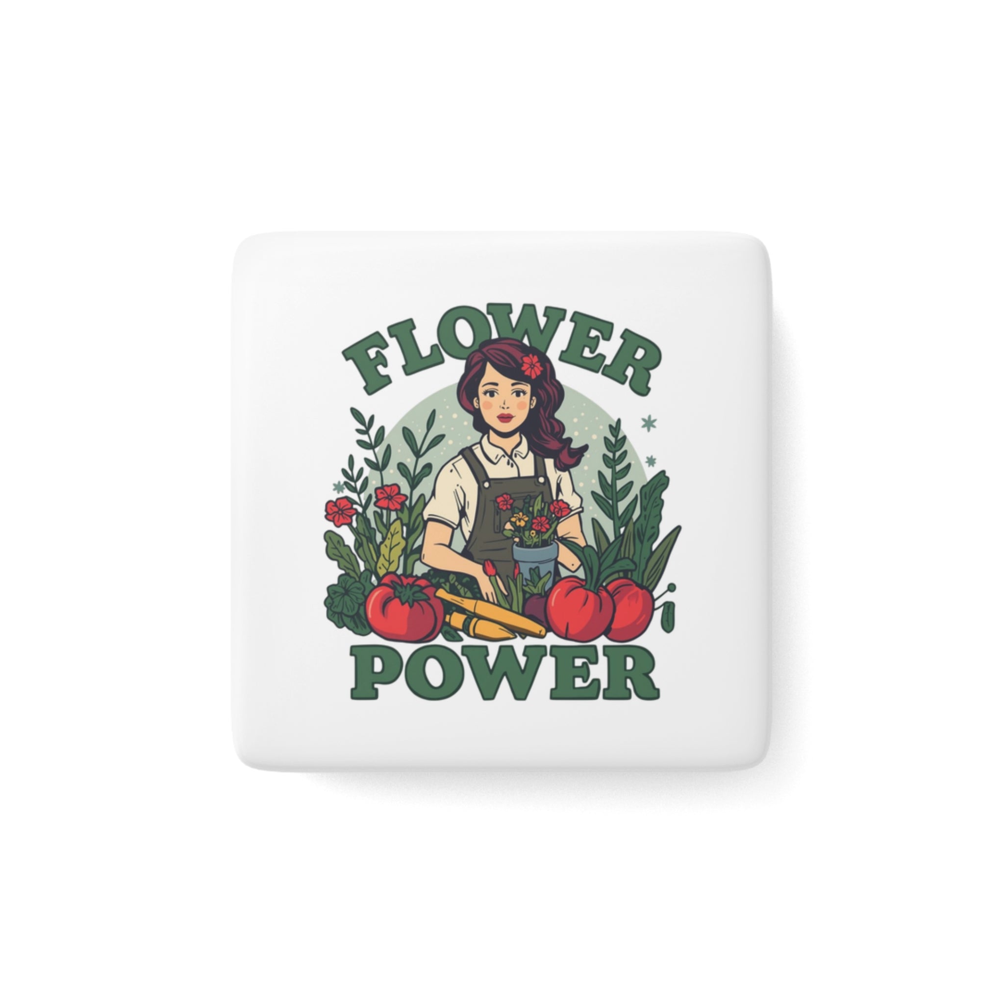 Flower Power Porcelain Magnet — Floral Gardener Square Magnet