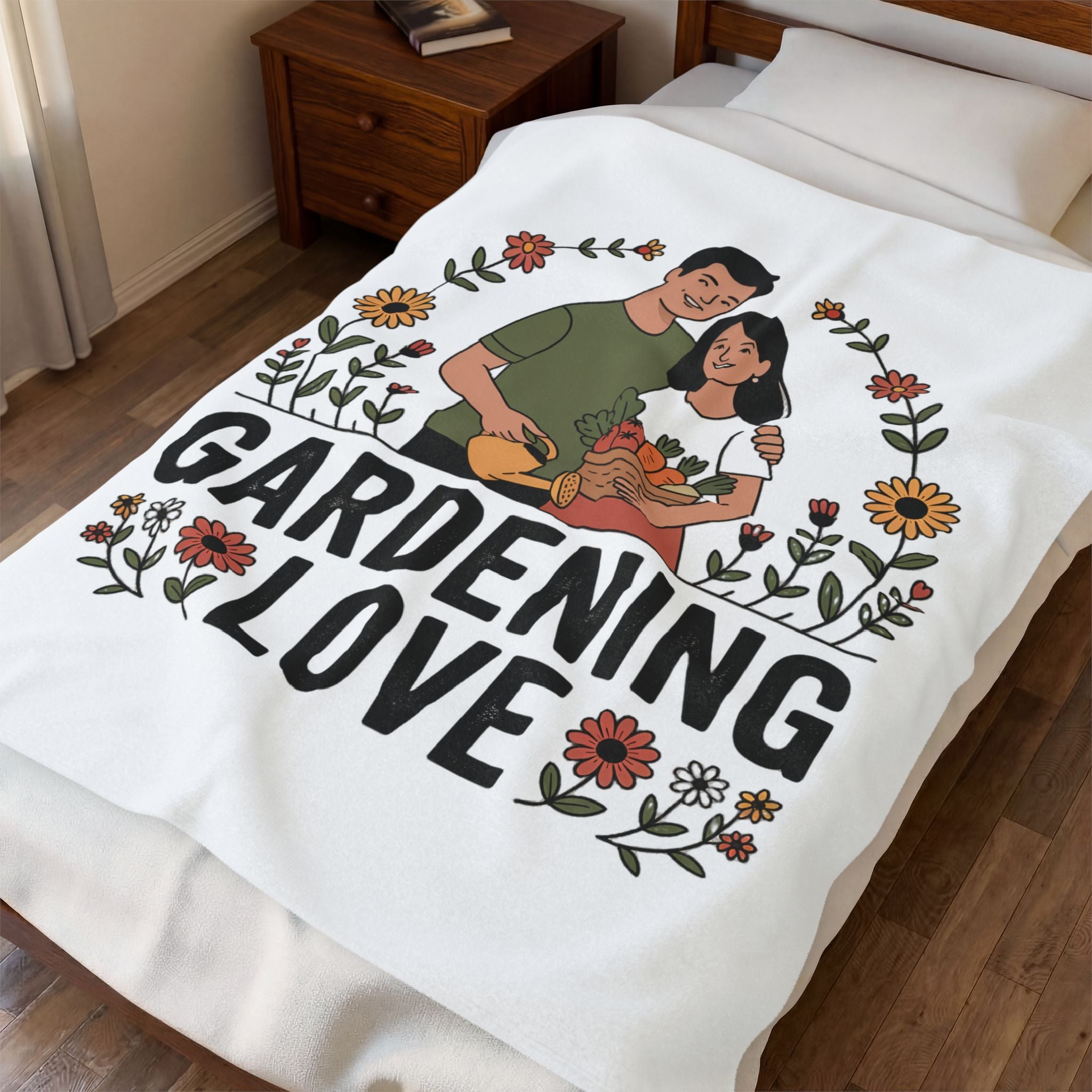 Gardening Love Velveteen Plush Blanket — Cozy Floral Couple Garden Throw