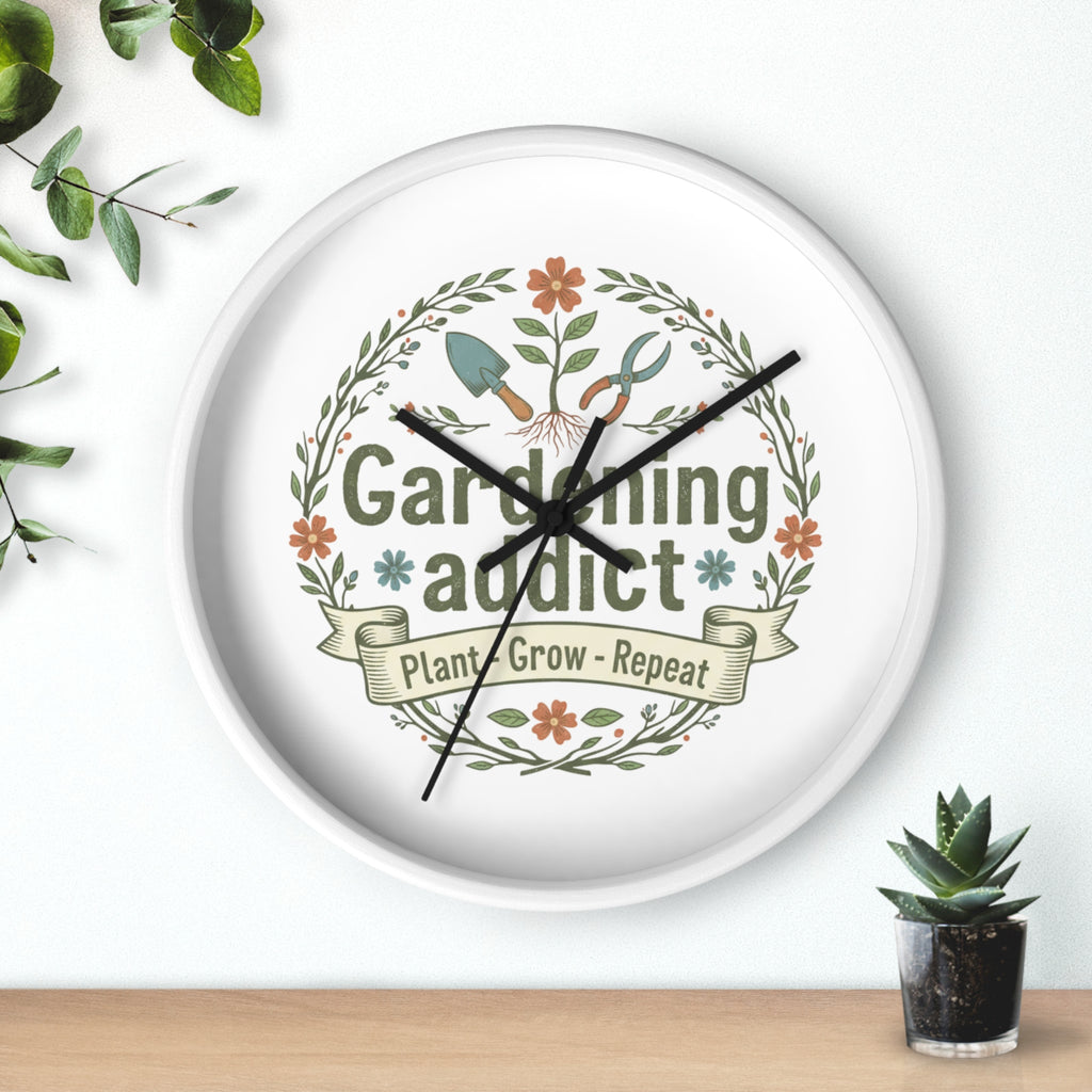 Gardening Addict Wall Clock — Plant • Grow • Repeat Decorative Garden Clock