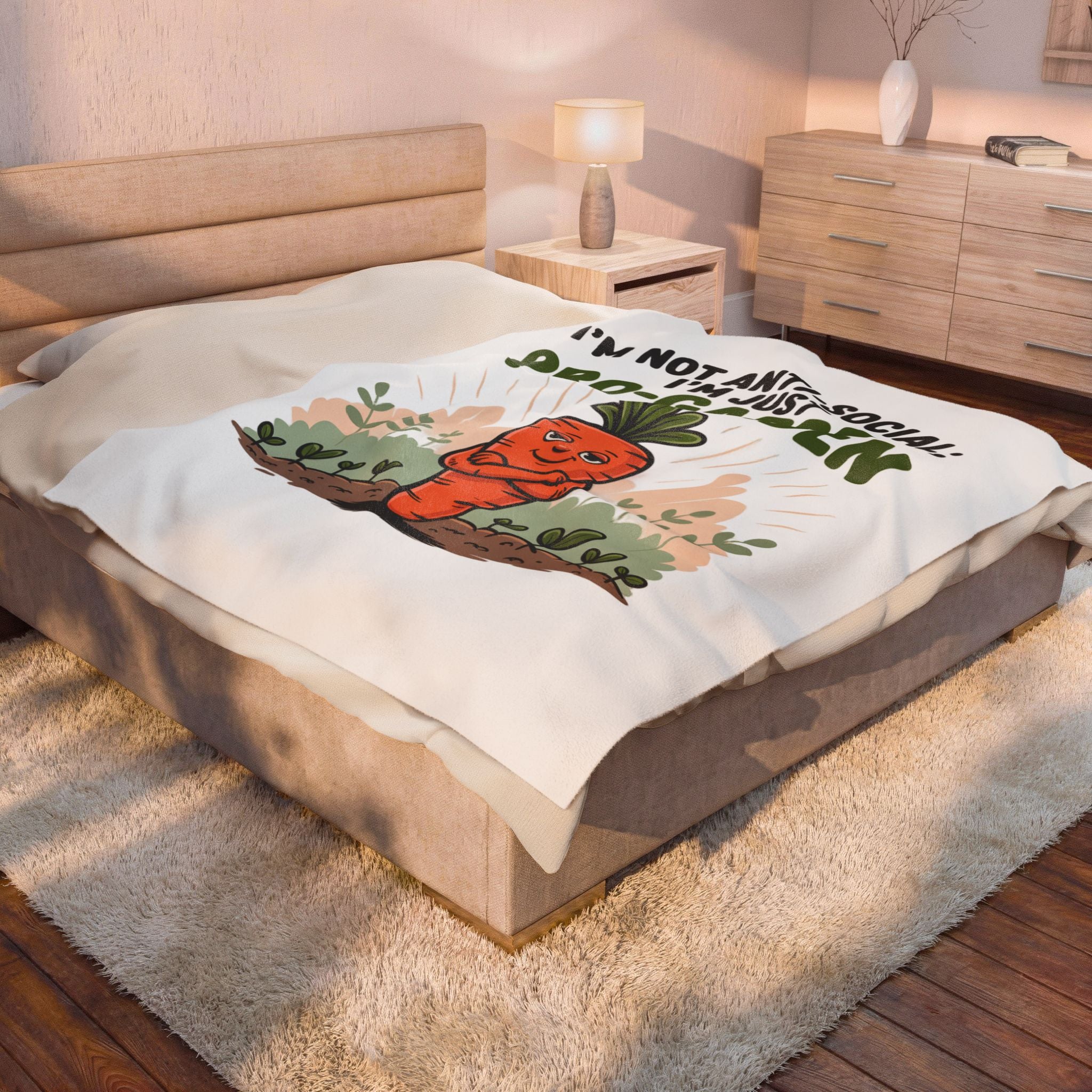 Velveteen Blanket — "I'm Not Anti-Social, I'm Just Pro-Garden" Cute Carrot Gardener Throw