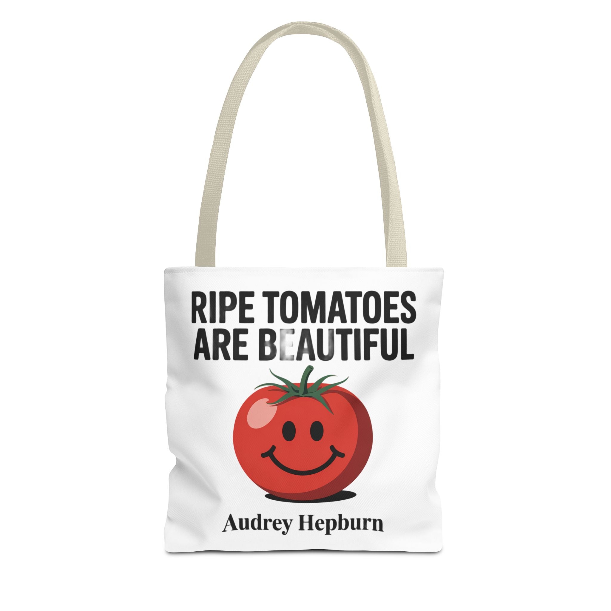 Tote Bag — "Ripe Tomatoes Are Beautiful" Audrey Hepburn Quote with Smiling Tomato Graphic