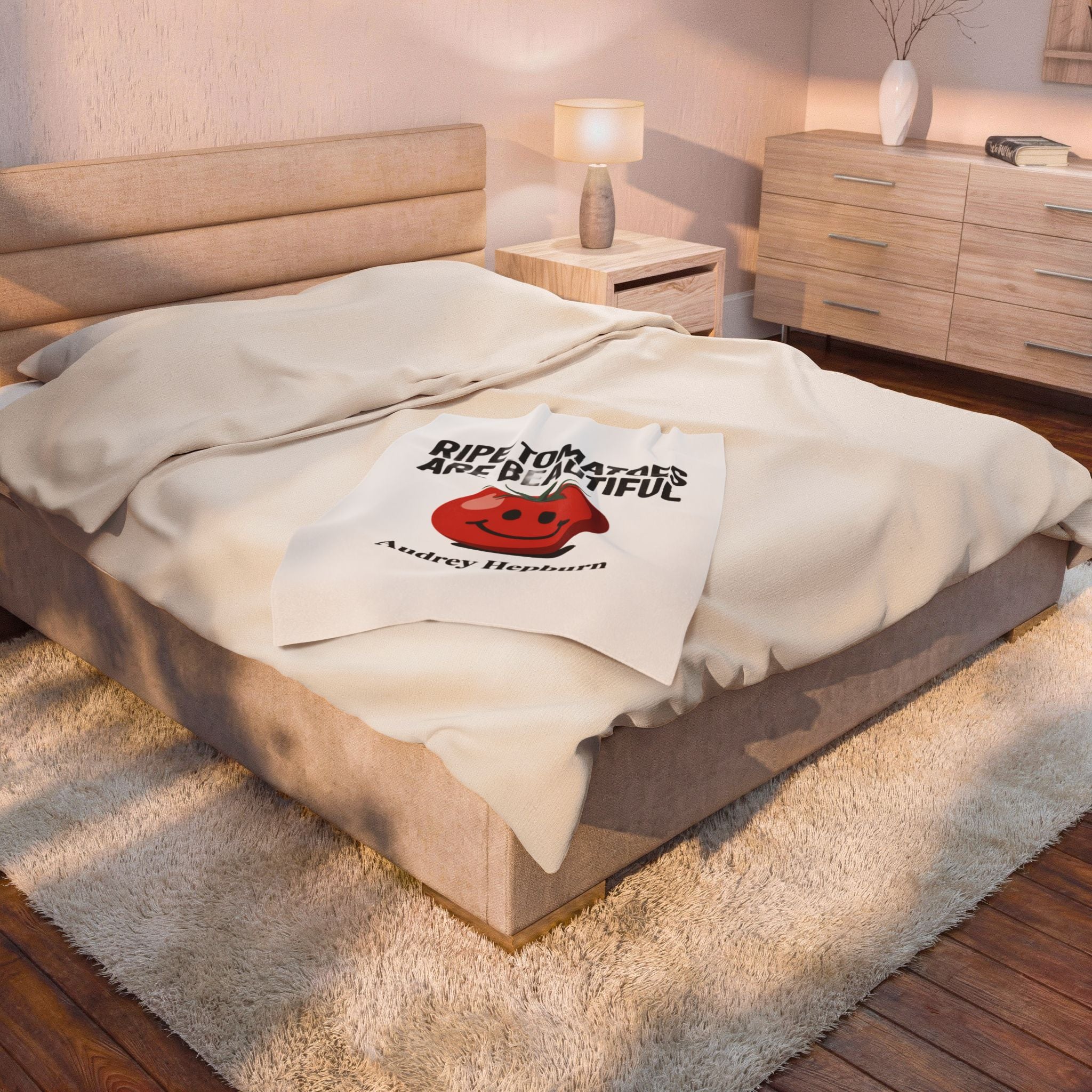 Velveteen Plush Blanket - "Ripe Tomatoes Are Beautiful" Audrey Hepburn Quote with Smiling Tomato — Cozy Kitchen Throw Gift