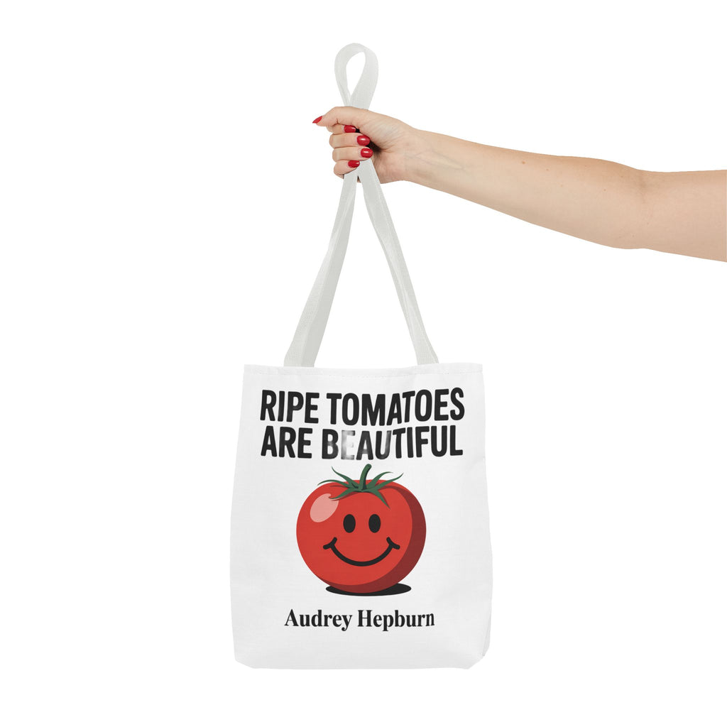 Tote Bag — "Ripe Tomatoes Are Beautiful" Audrey Hepburn Quote with Smiling Tomato Graphic