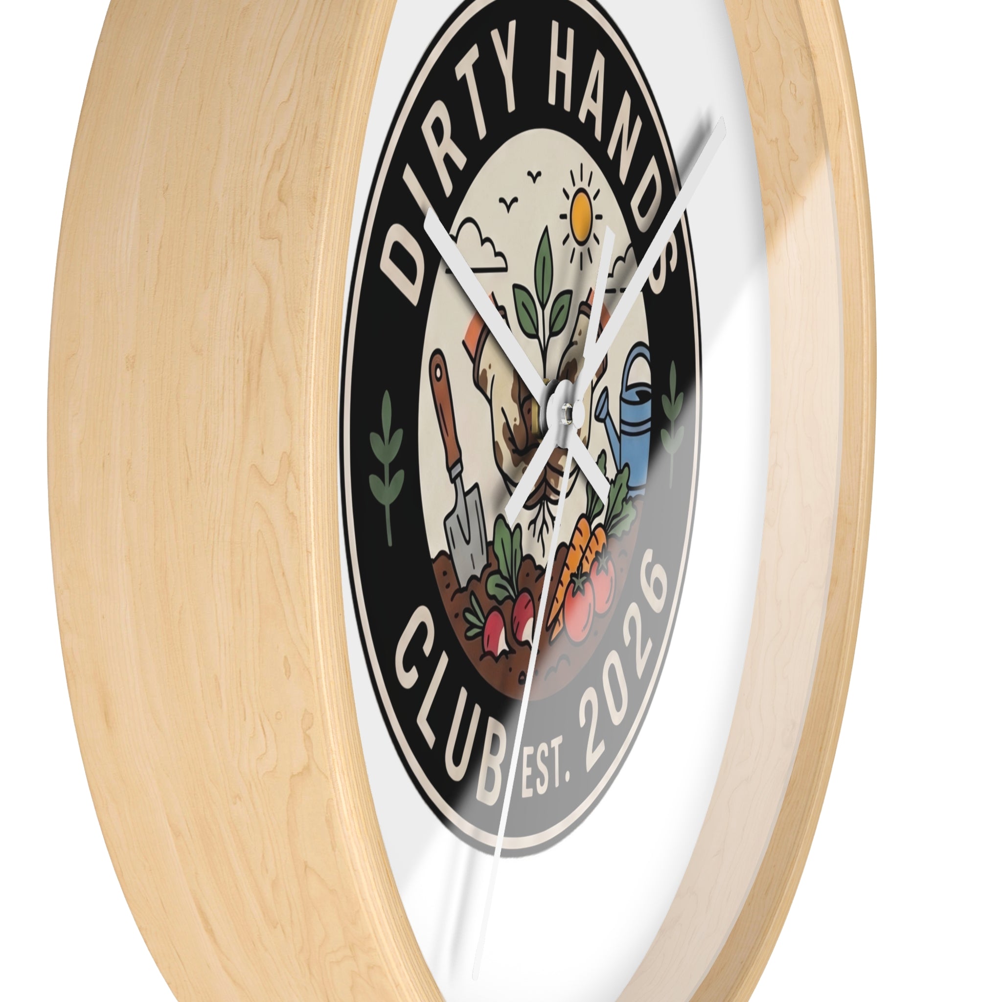 Dirty Hands Club Wall Clock — Gardening Decor, Established 2026