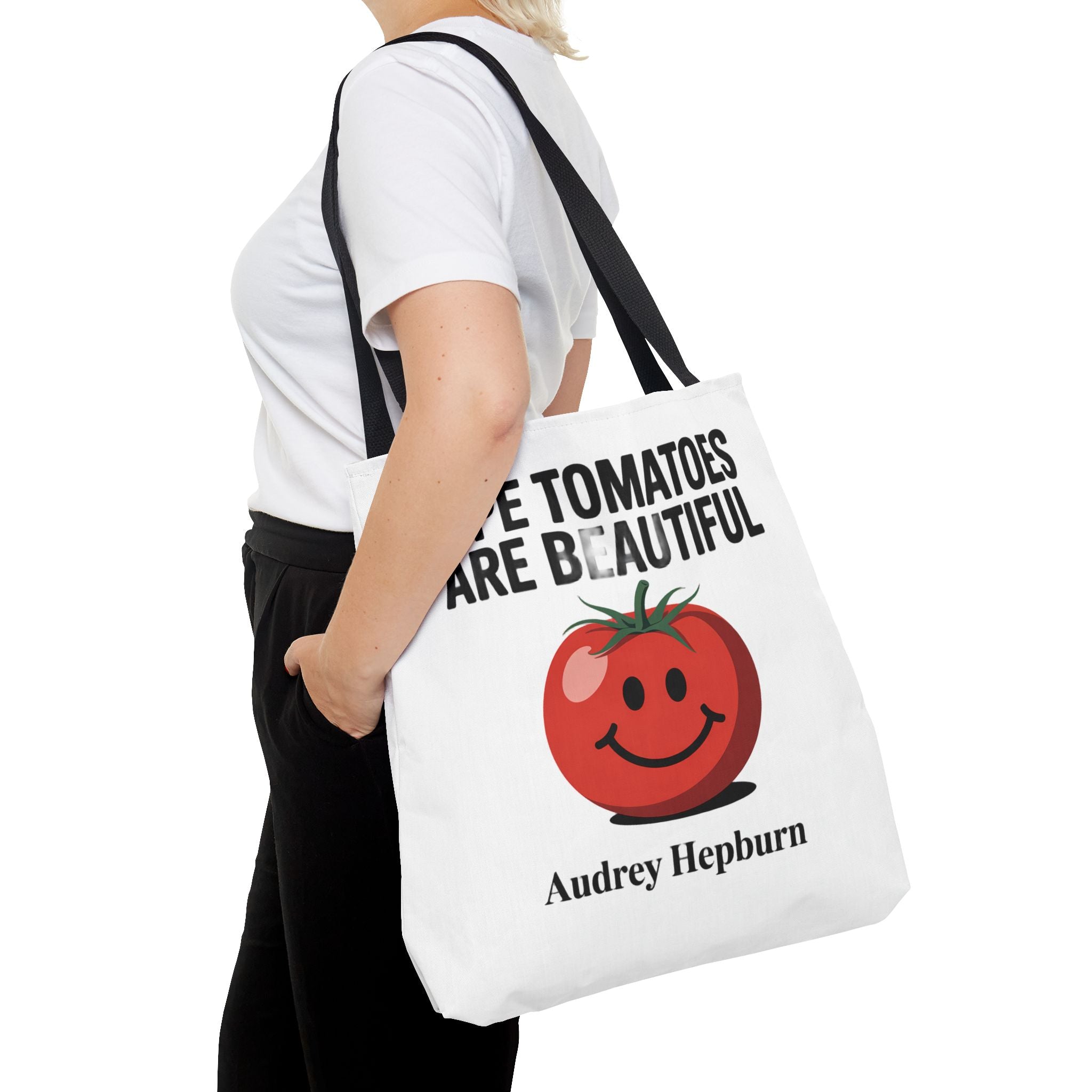 Tote Bag — "Ripe Tomatoes Are Beautiful" Audrey Hepburn Quote with Smiling Tomato Graphic