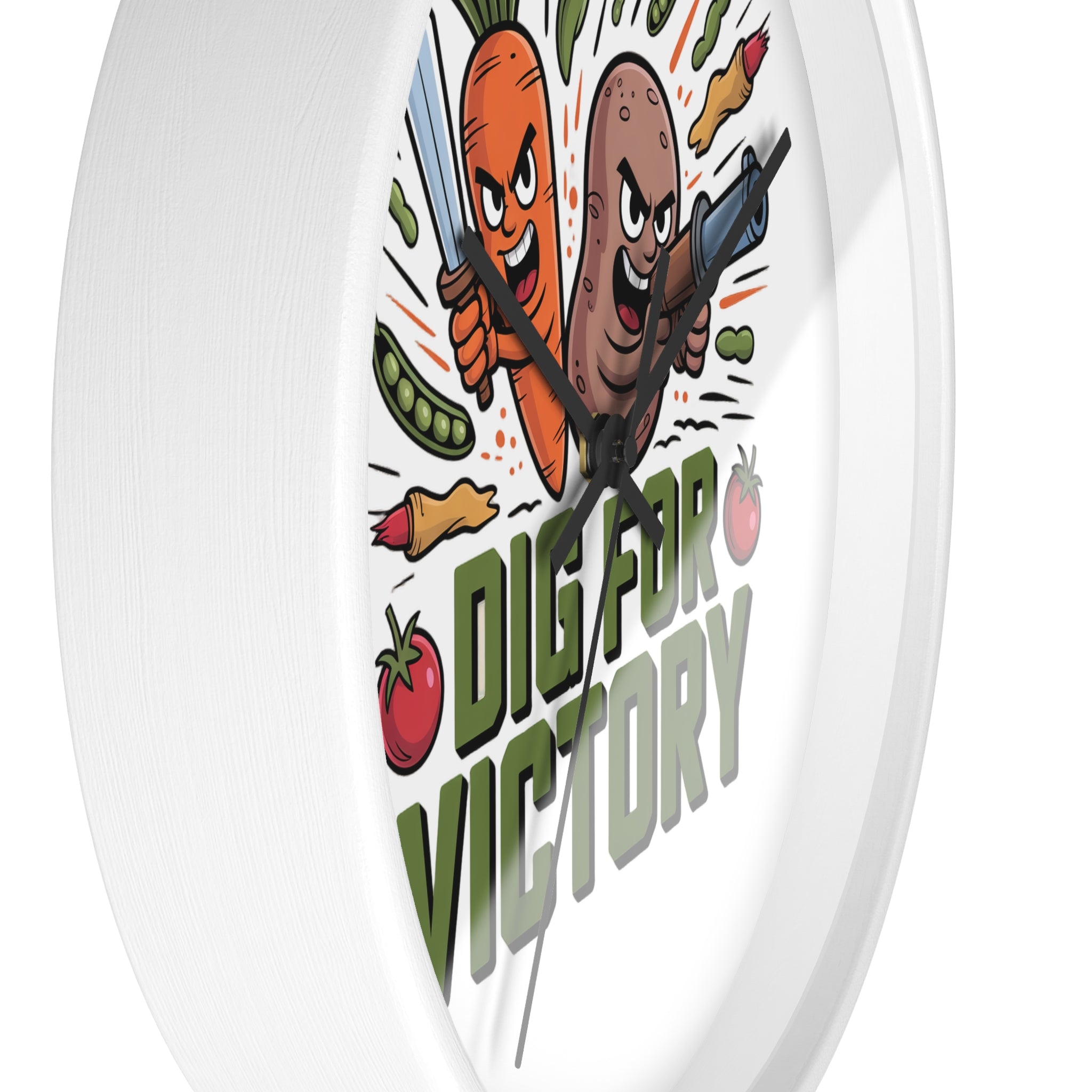 Dig For Victory Wall Clock — Funny Veggie Garden Clock with Carrot & Potato Illustration