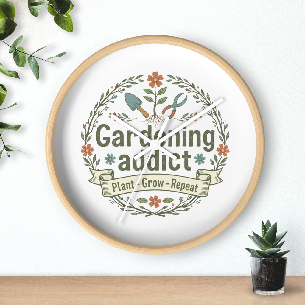 Gardening Addict Wall Clock — Plant • Grow • Repeat Decorative Garden Clock