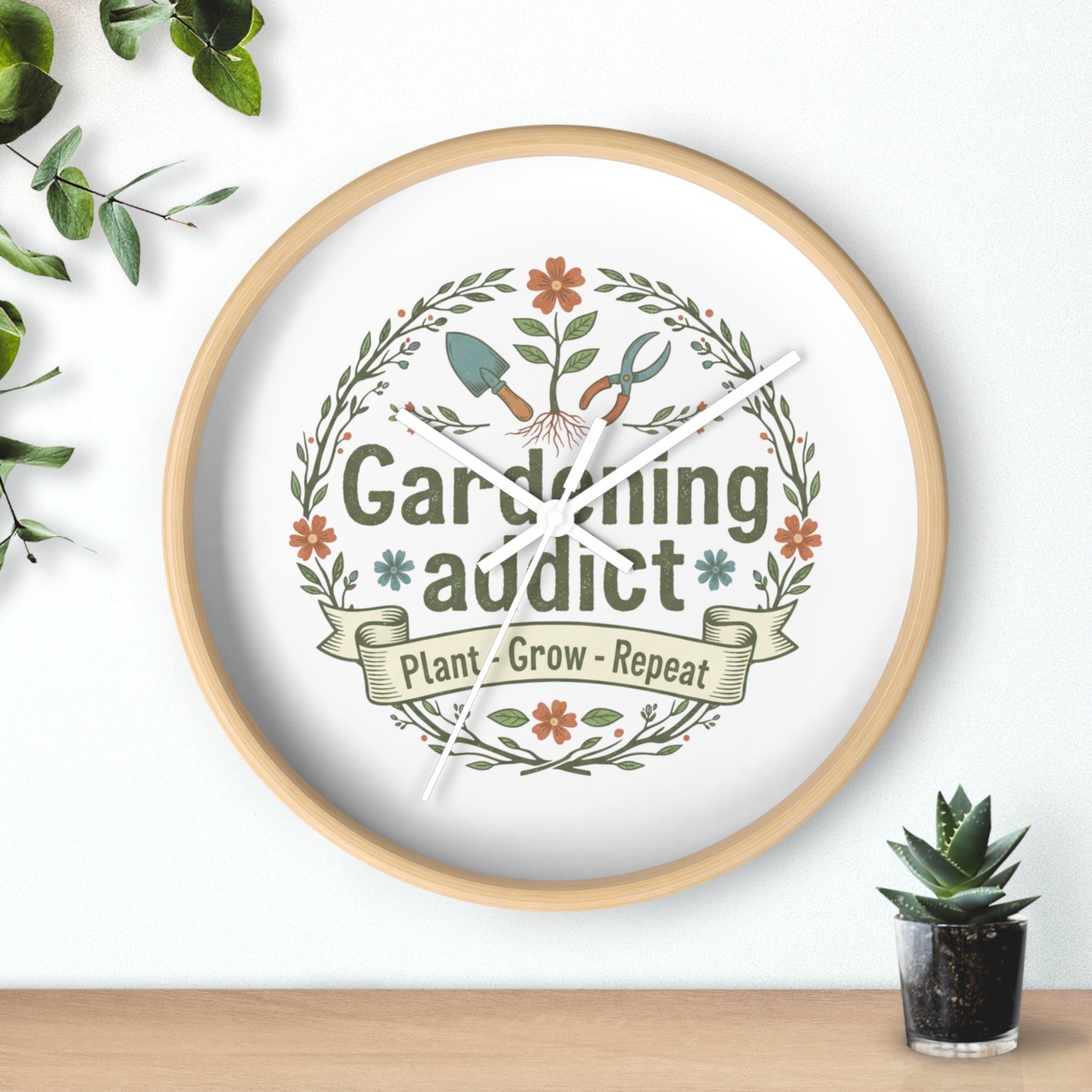 Gardening Addict Wall Clock — Plant • Grow • Repeat Decorative Garden Clock
