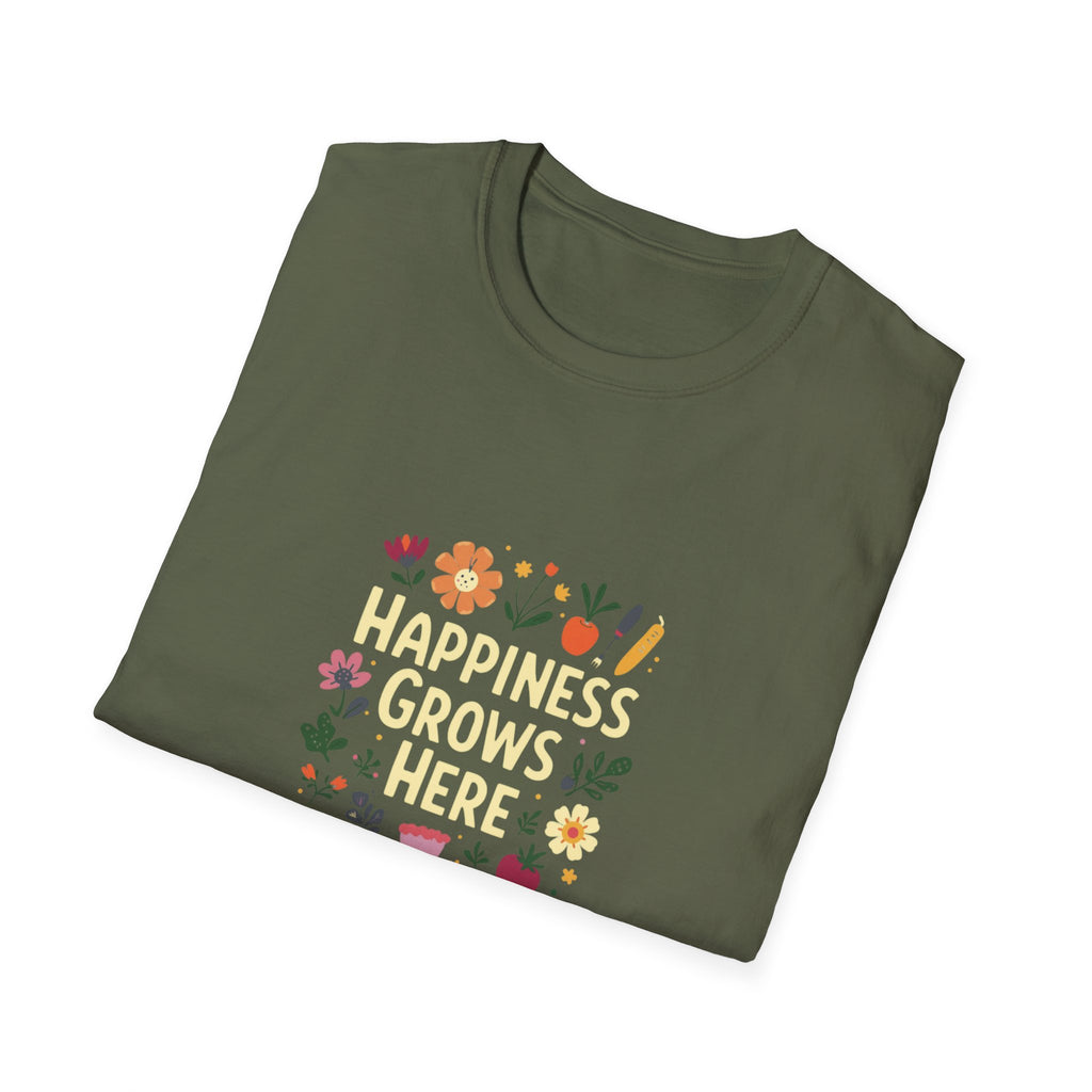 Happiness Grows Here T-Shirt — Floral Gardening Graphic Tee