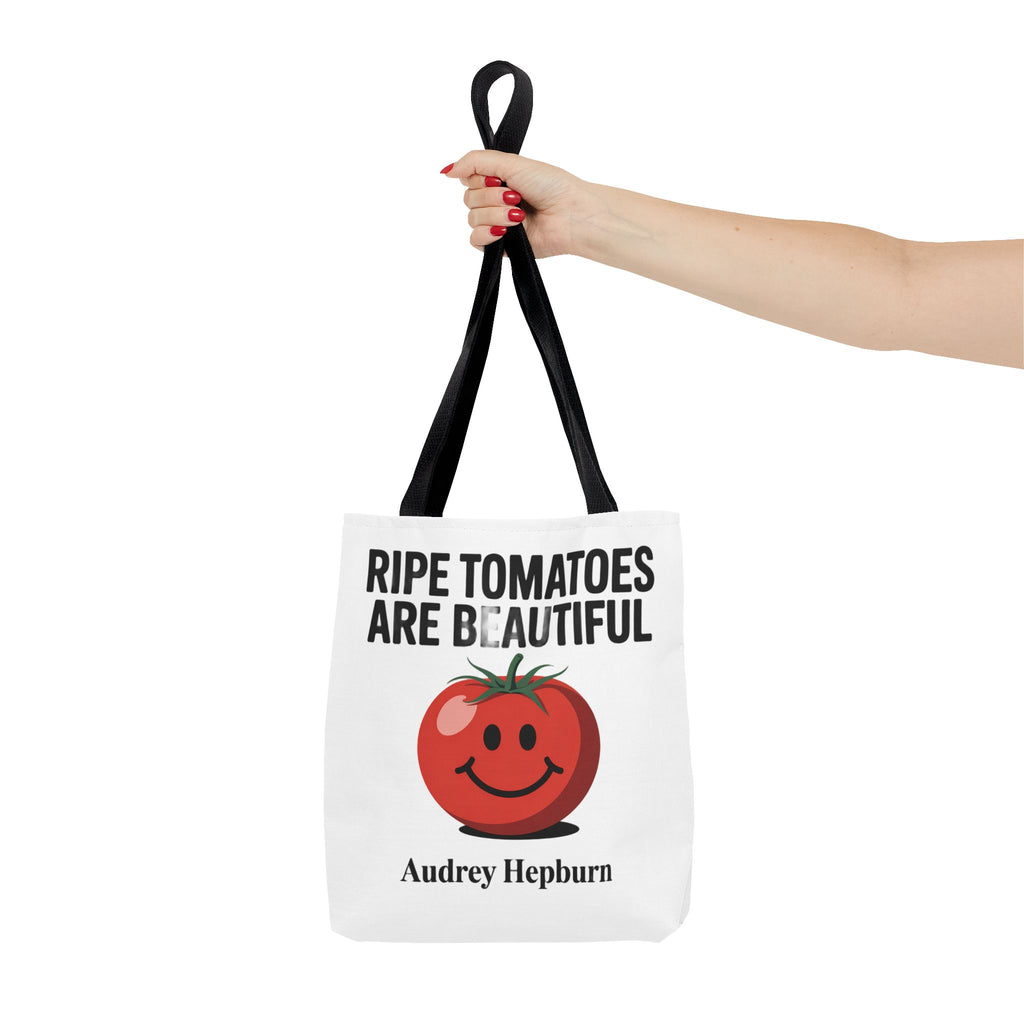 Tote Bag — "Ripe Tomatoes Are Beautiful" Audrey Hepburn Quote with Smiling Tomato Graphic