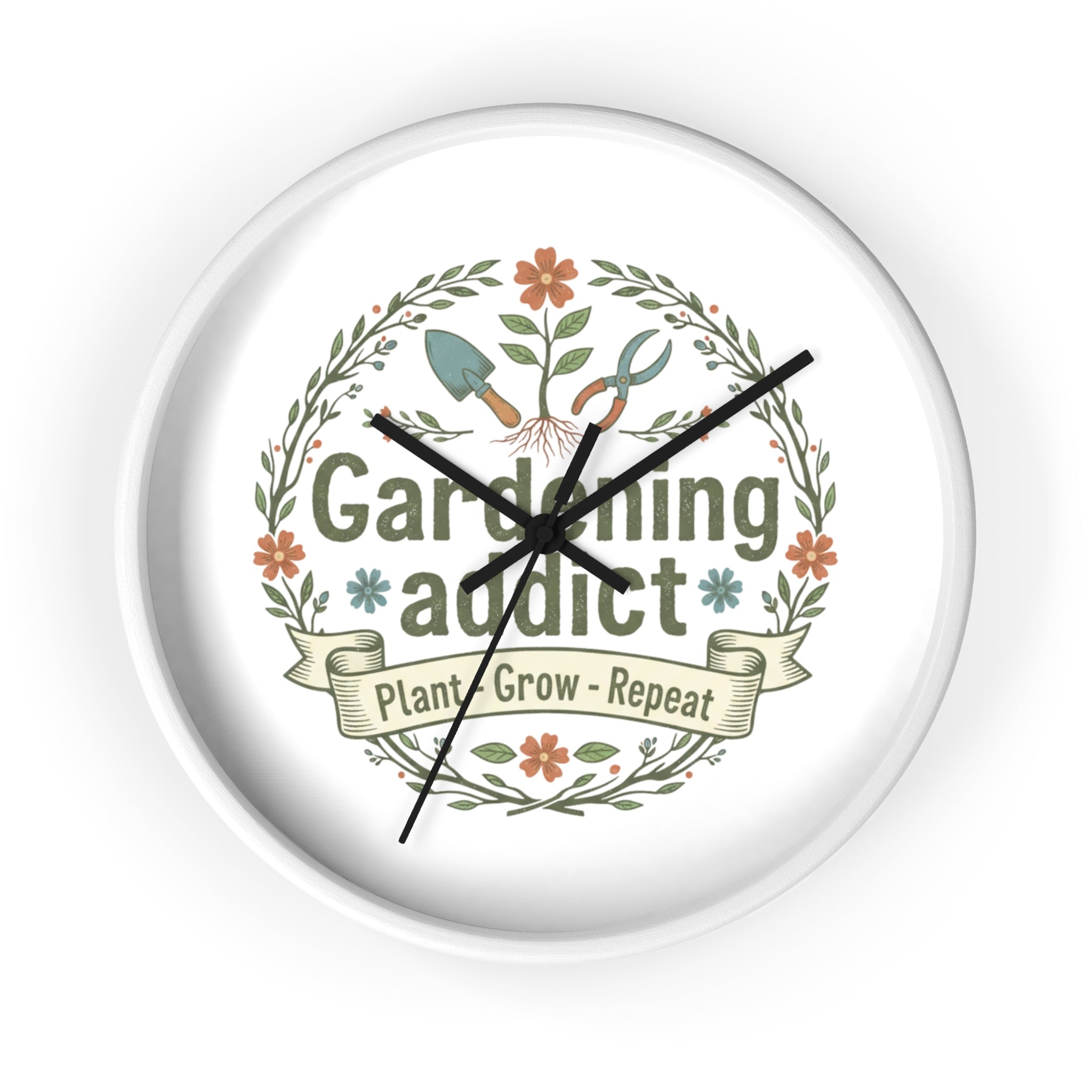 Gardening Addict Wall Clock — Plant • Grow • Repeat Decorative Garden Clock